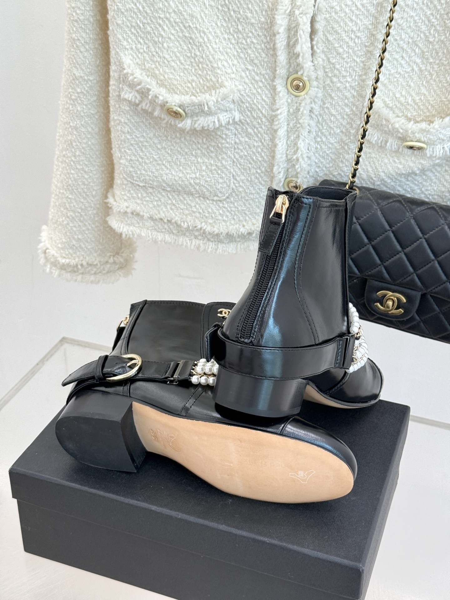 Luxury Black Leather Ankle Boots with Pearl Chain Detail