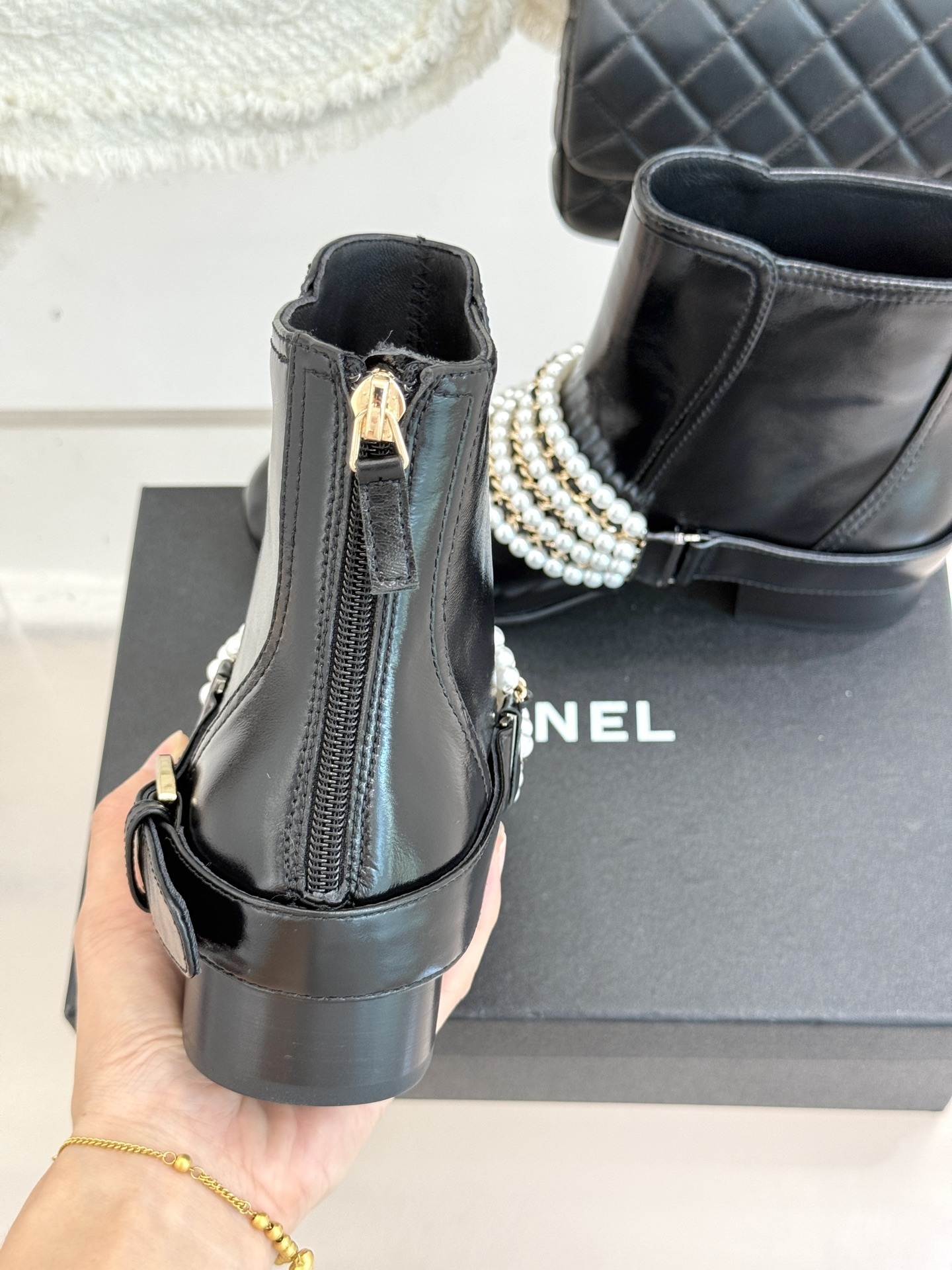 Luxury Black Leather Ankle Boots with Pearl Chain Detail