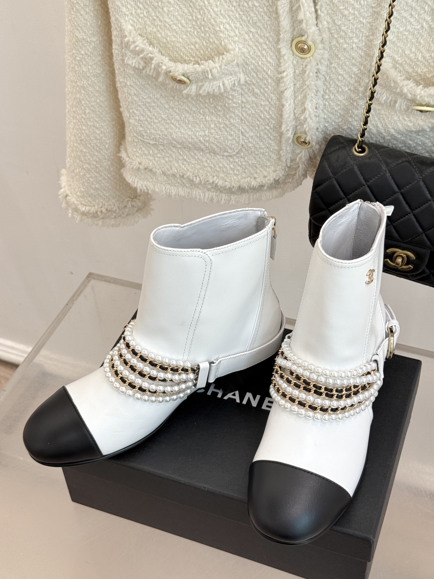 Luxury Pearl Chain White Leather Ankle Boots with Black Toe Cap