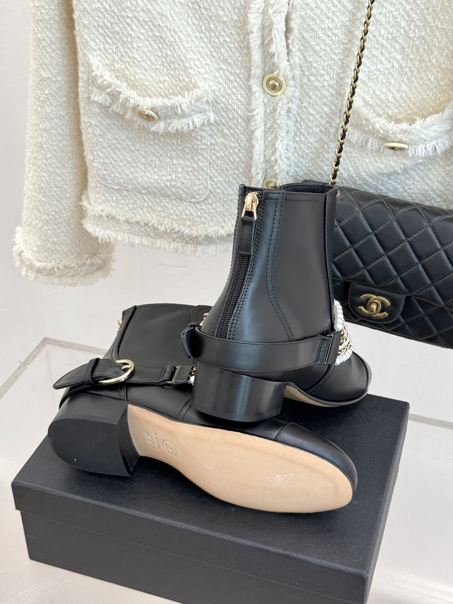 Luxury Black Leather Ankle Boots with Pearl Chain & Gold Accents
