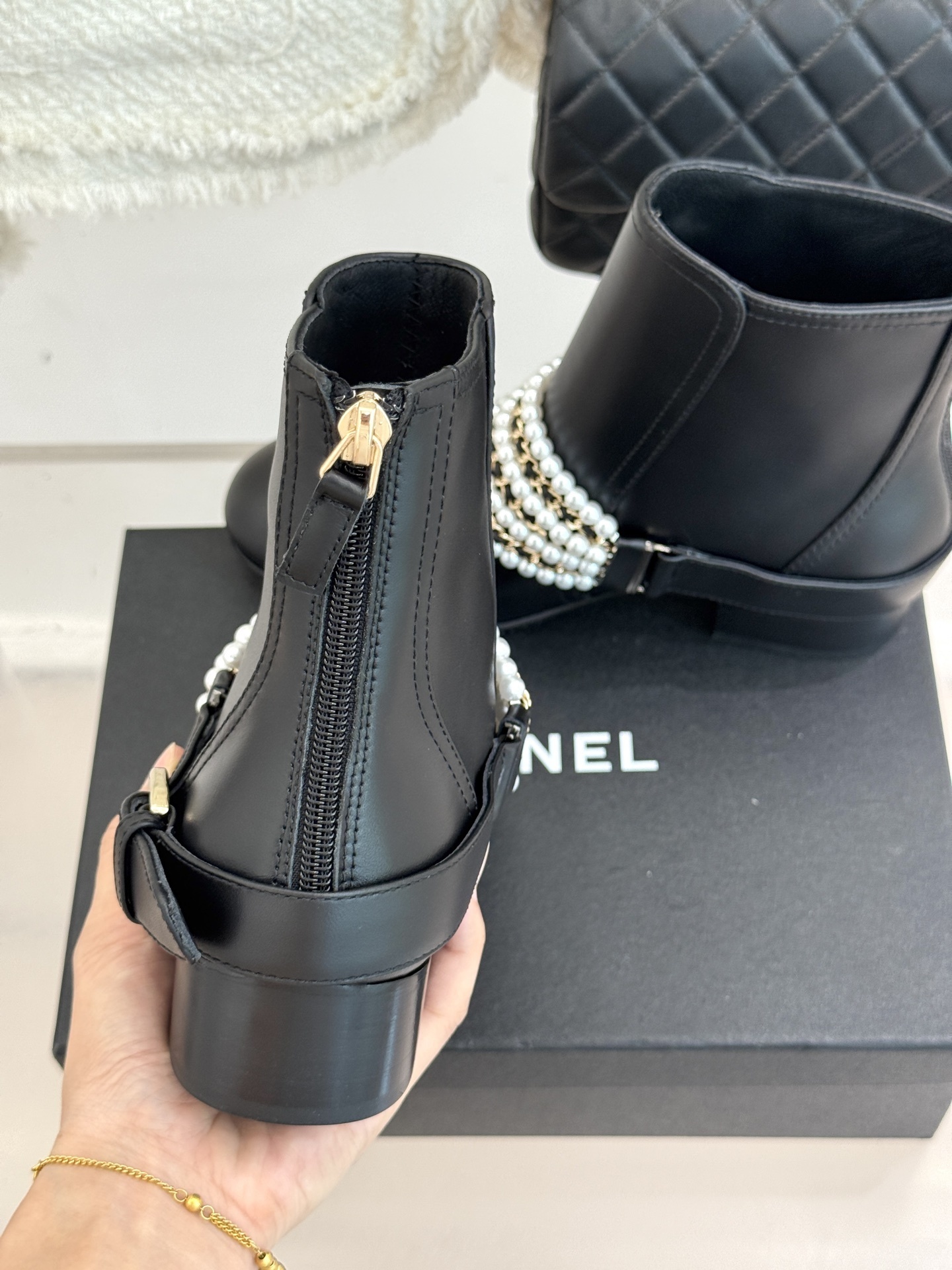 Luxury Black Leather Ankle Boots with Pearl Chain & Gold Accents