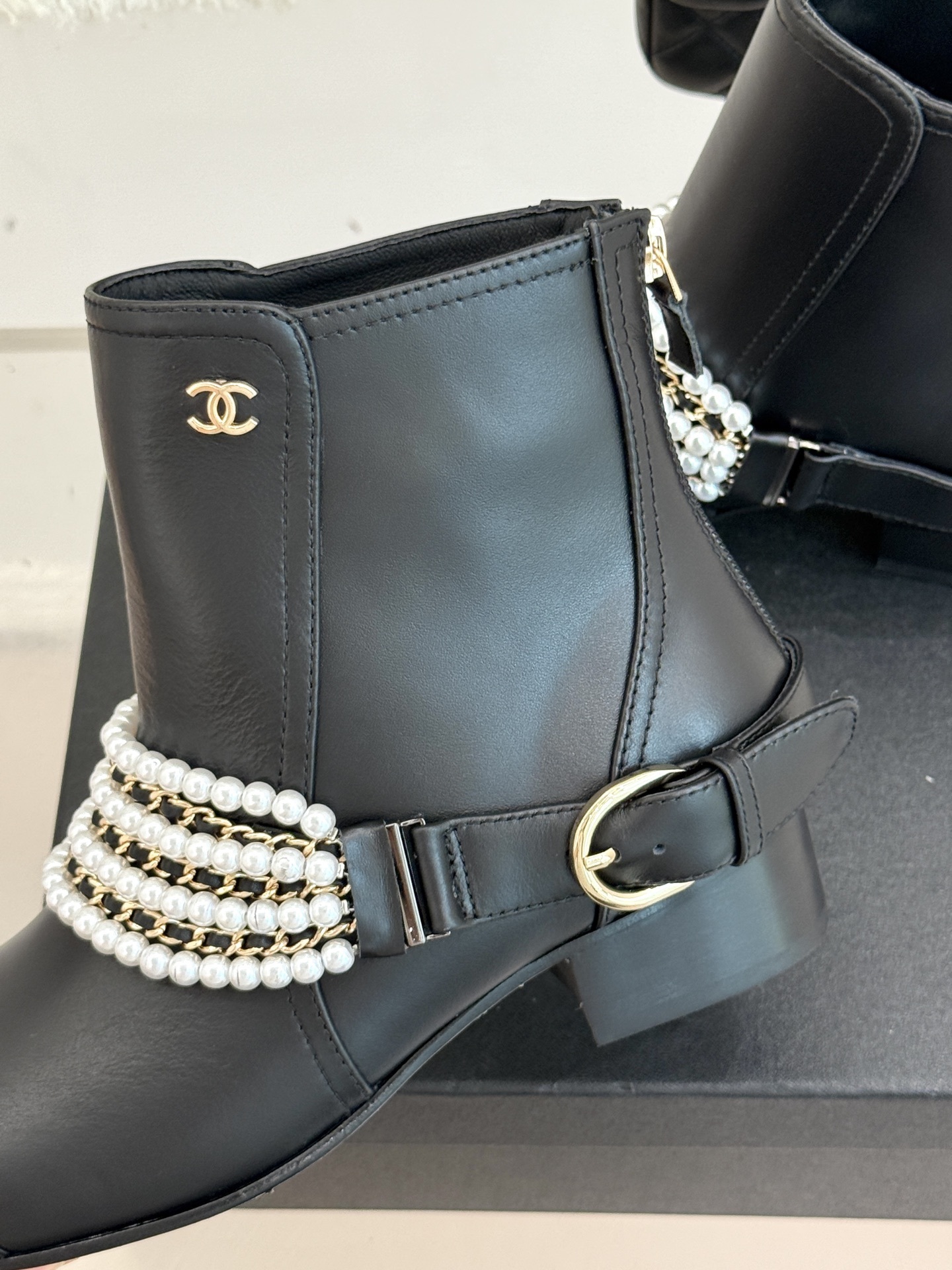 Luxury Black Leather Ankle Boots with Pearl Chain & Gold Accents