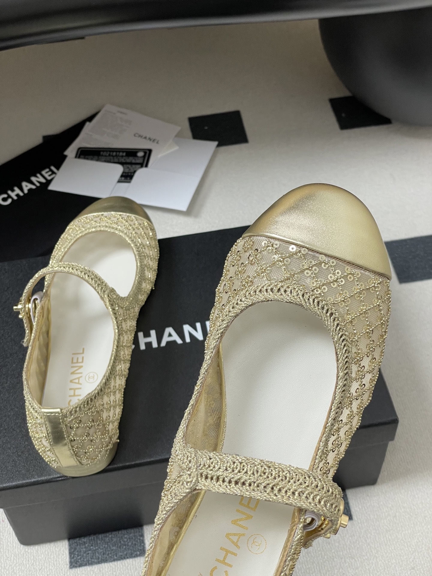 Chanel Gold Mesh & Sequin Mary Jane Ballet Flats