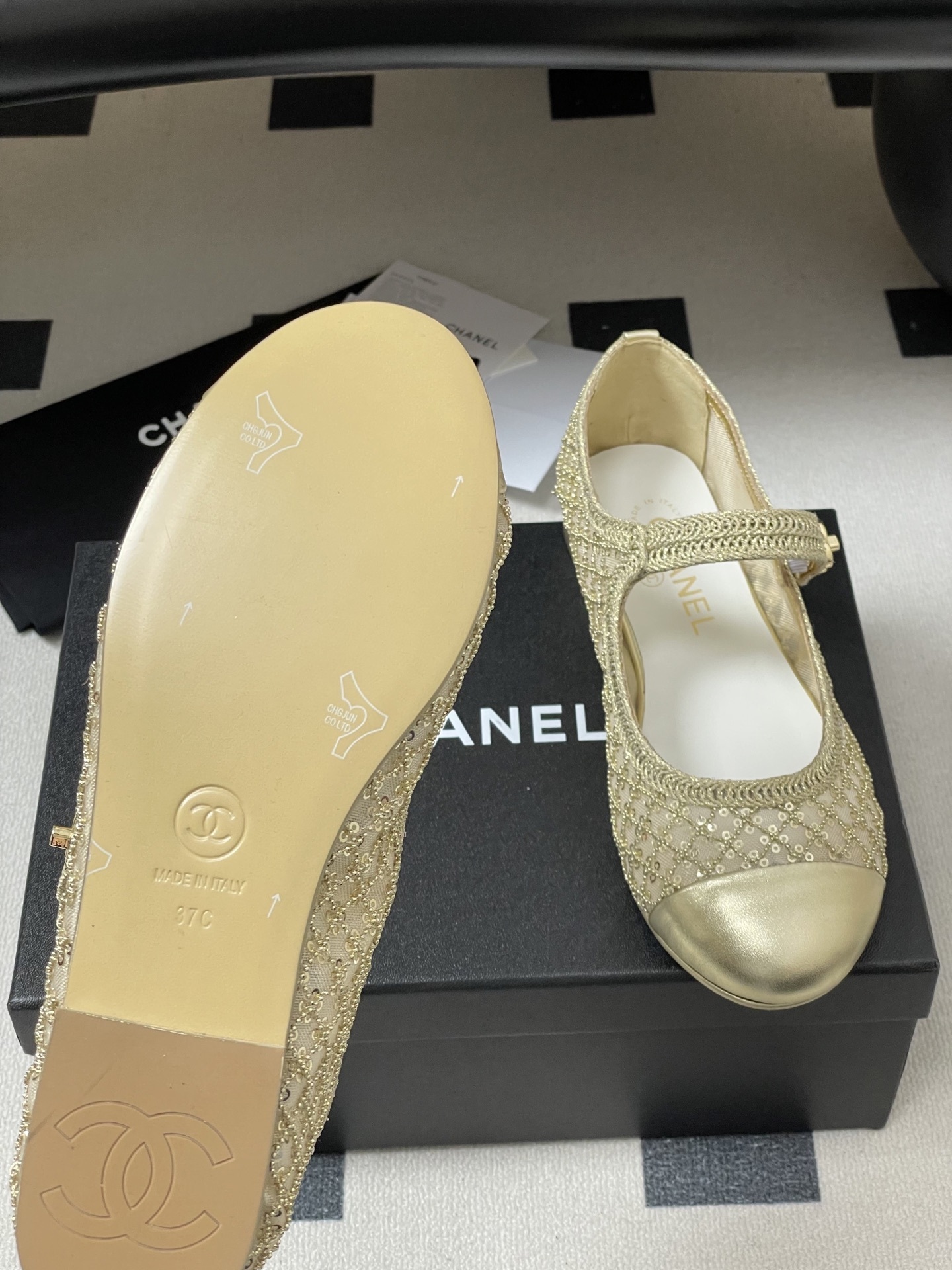 Chanel Gold Mesh & Sequin Mary Jane Ballet Flats