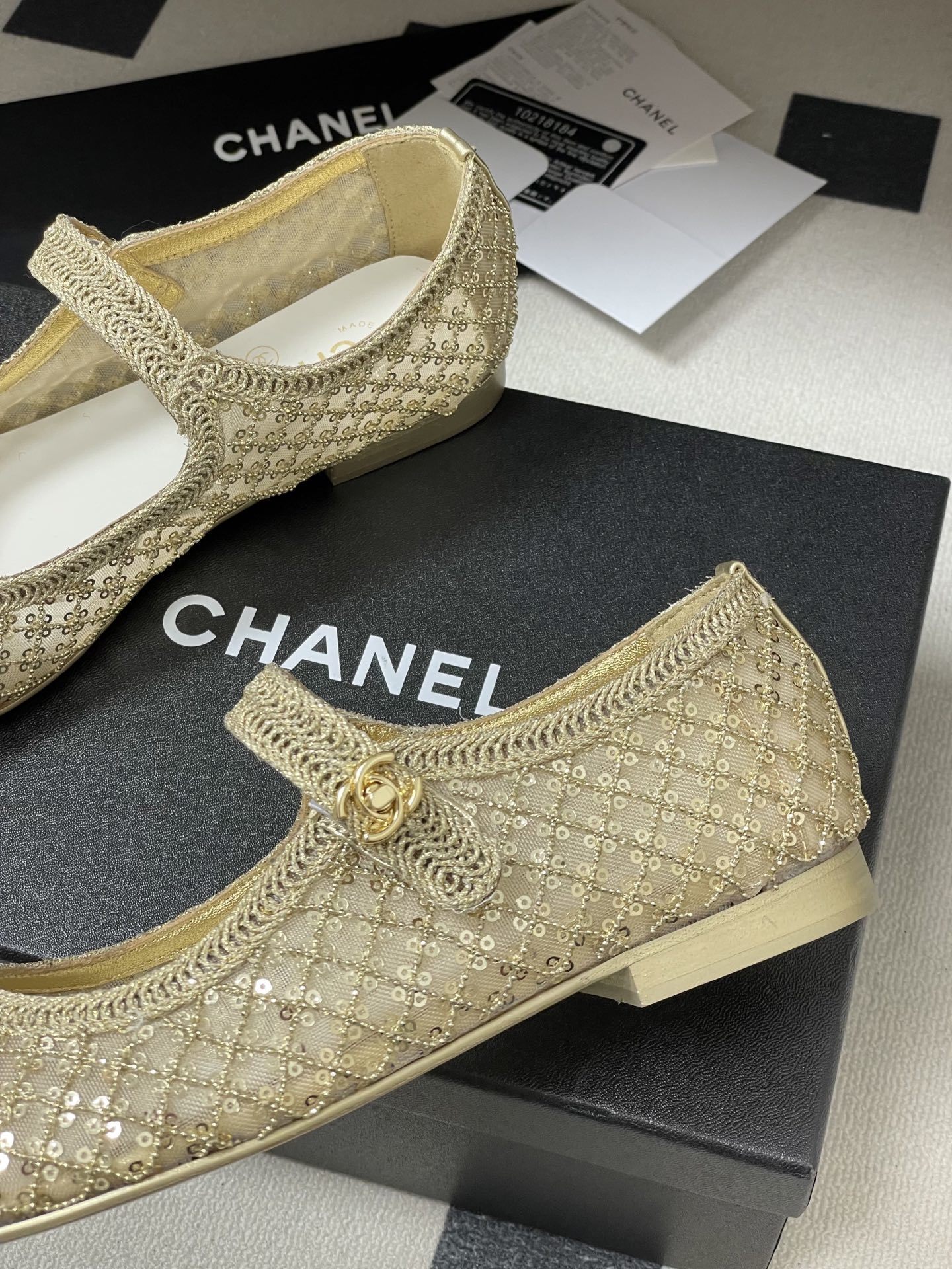 Chanel Gold Mesh & Sequin Mary Jane Ballet Flats