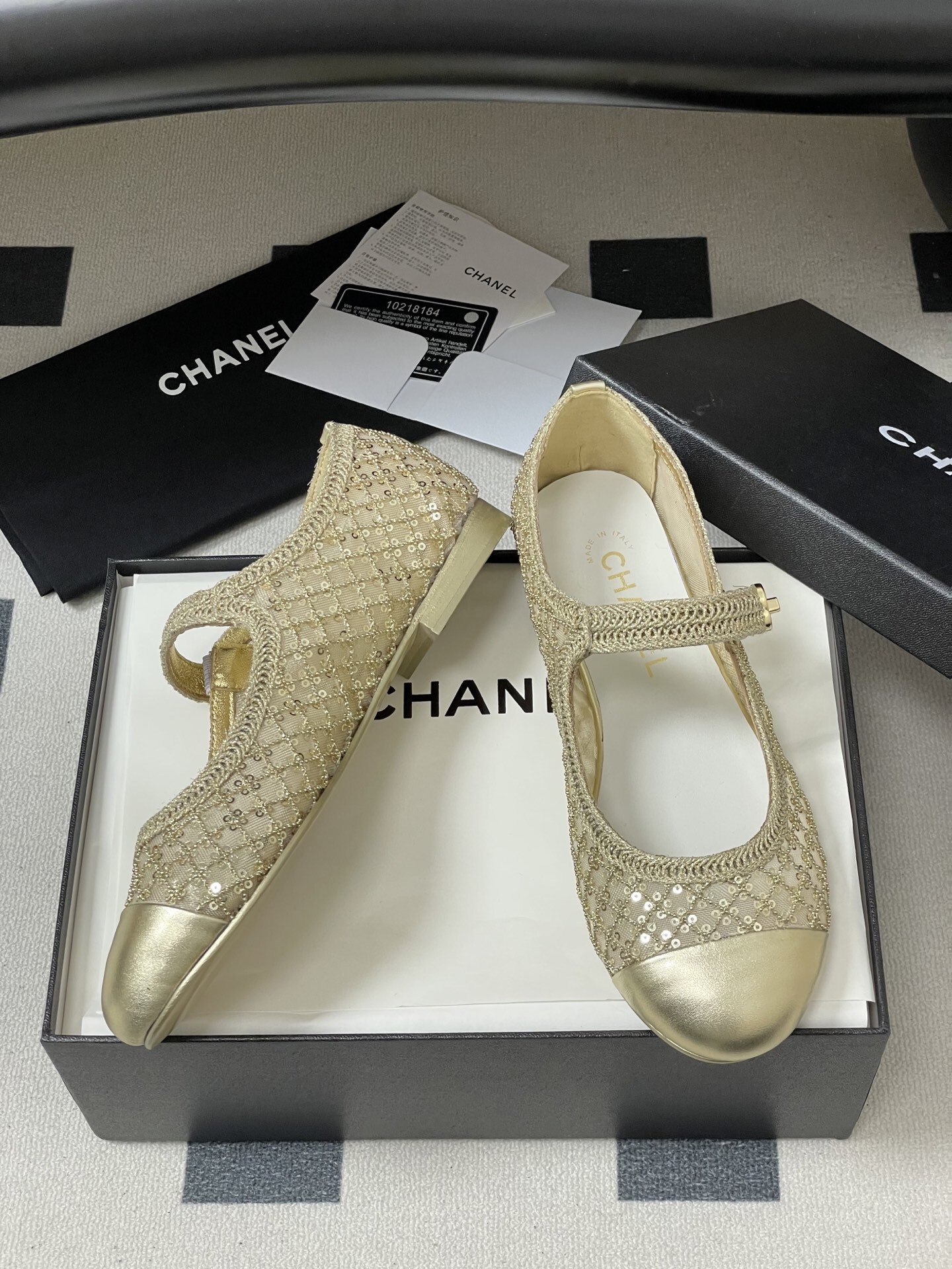 Chanel Gold Mesh & Sequin Mary Jane Ballet Flats