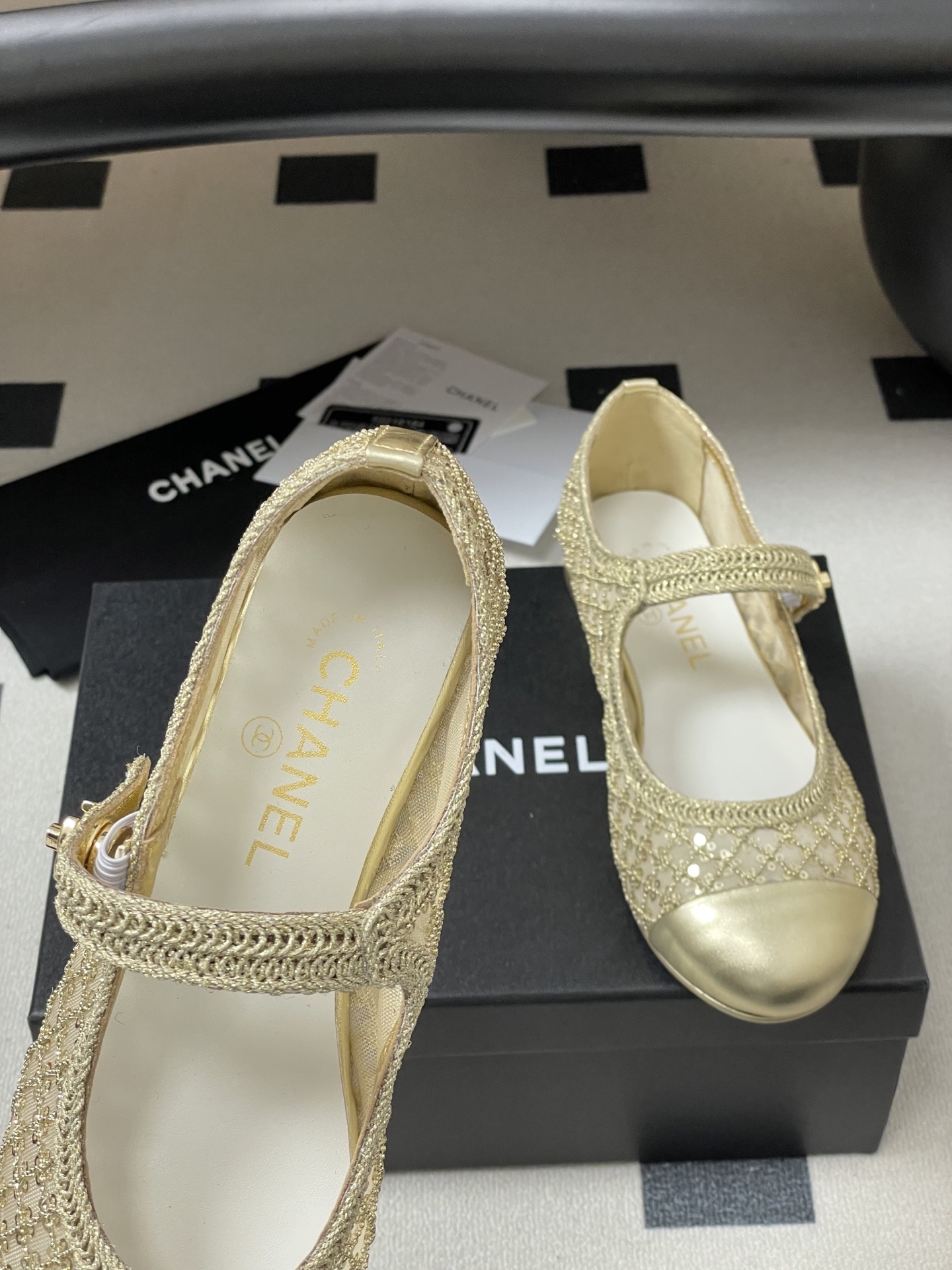 Chanel Gold Mesh & Sequin Mary Jane Ballet Flats