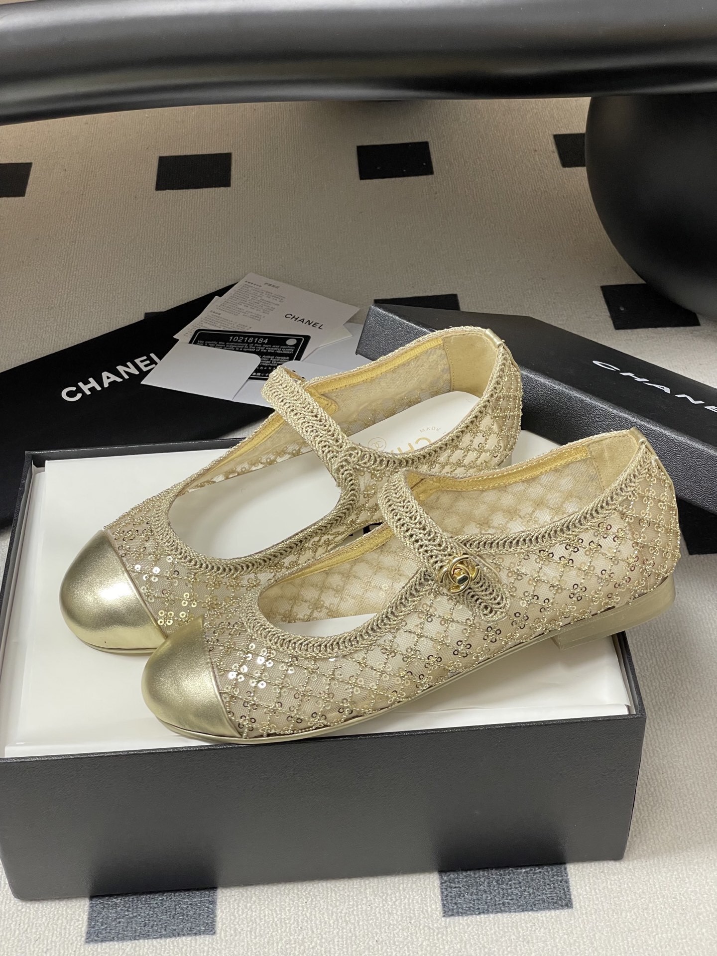 Chanel Gold Mesh & Sequin Mary Jane Ballet Flats