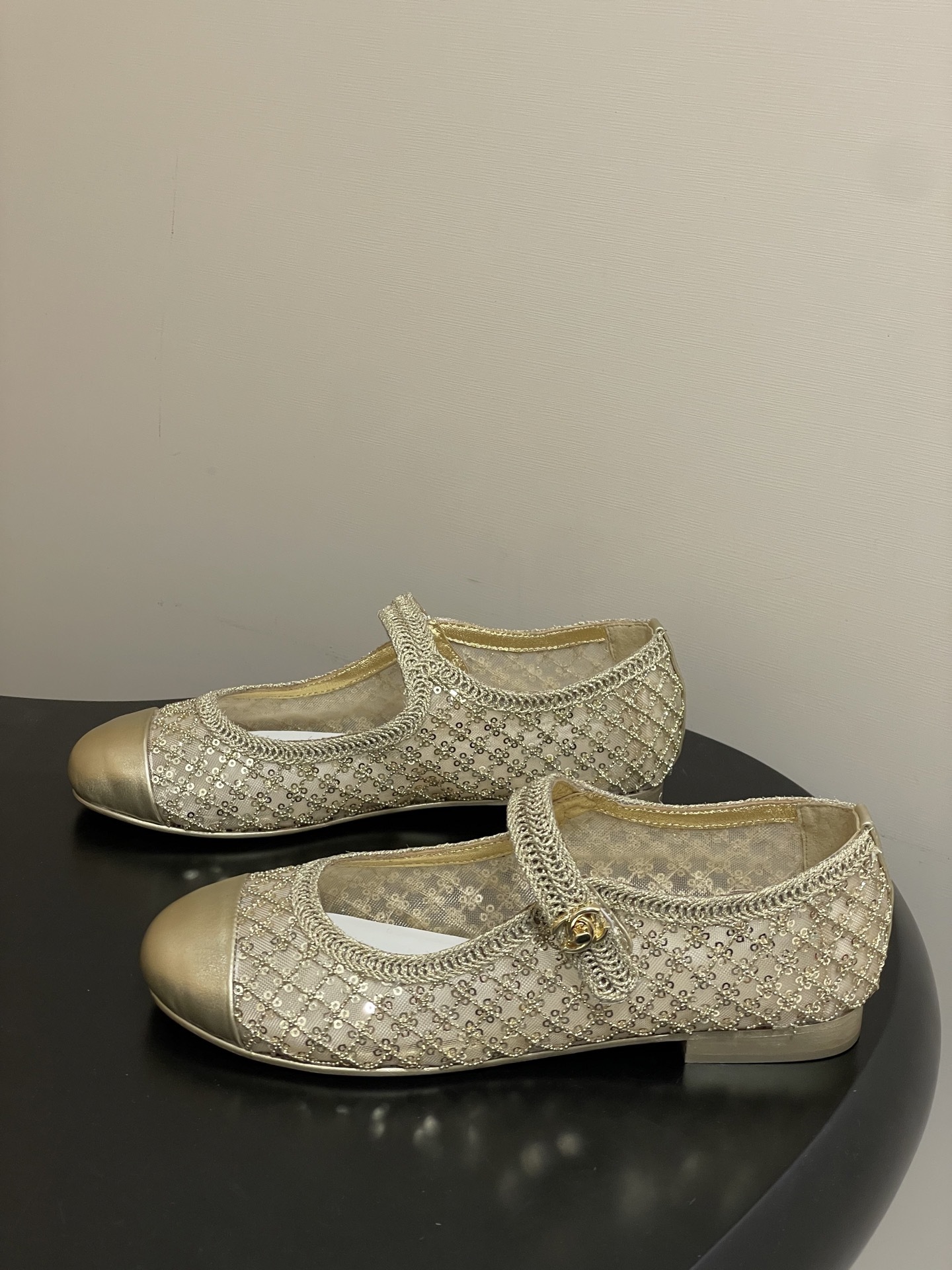 Chanel Gold Mesh & Sequin Mary Jane Ballet Flats