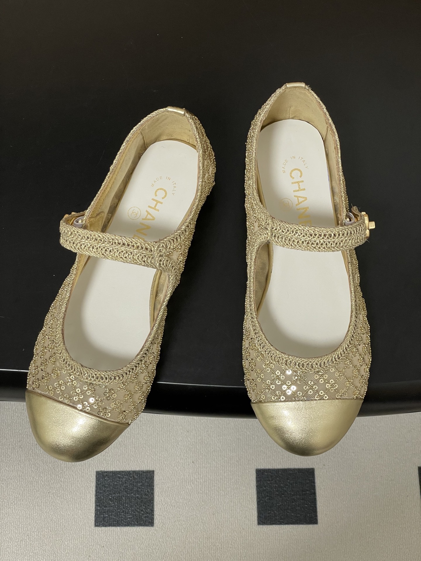 Chanel Gold Mesh & Sequin Mary Jane Ballet Flats
