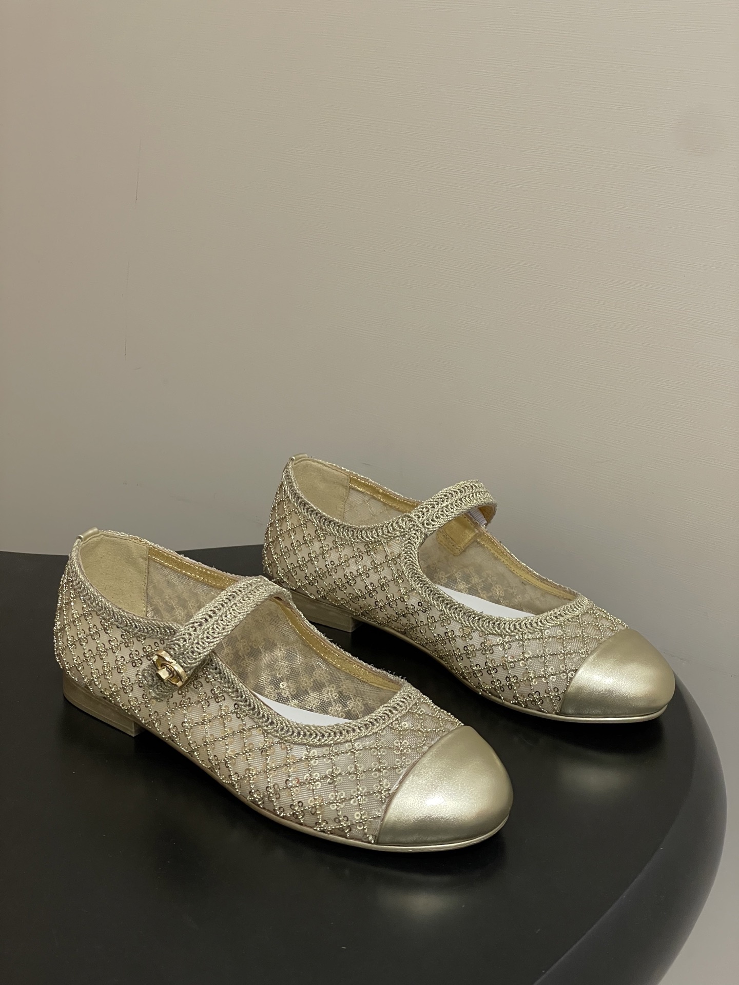 Chanel Gold Mesh & Sequin Mary Jane Ballet Flats