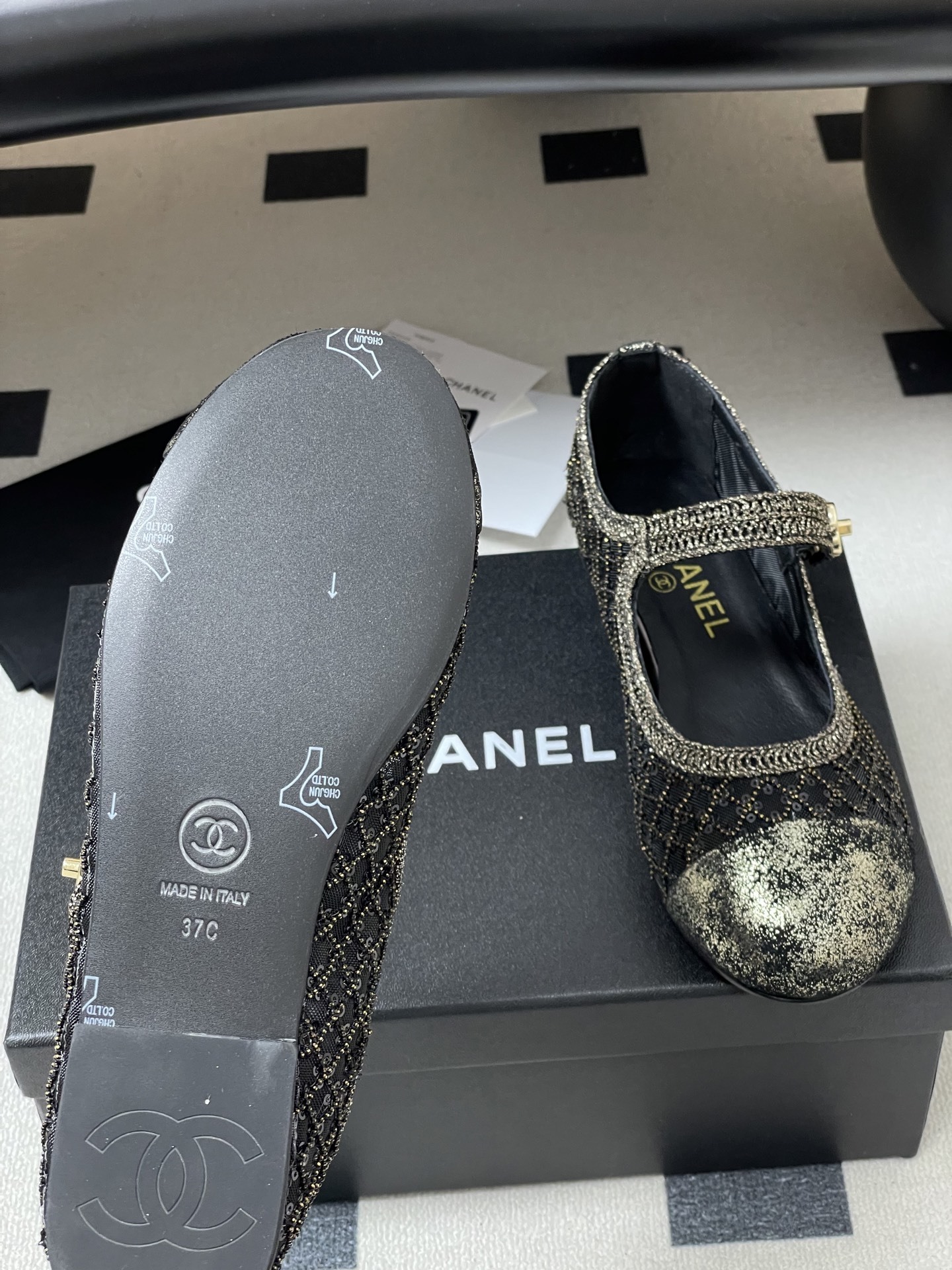 Chanel Black Sequin Mesh Mary Jane Flats - Luxury Designer Shoes
