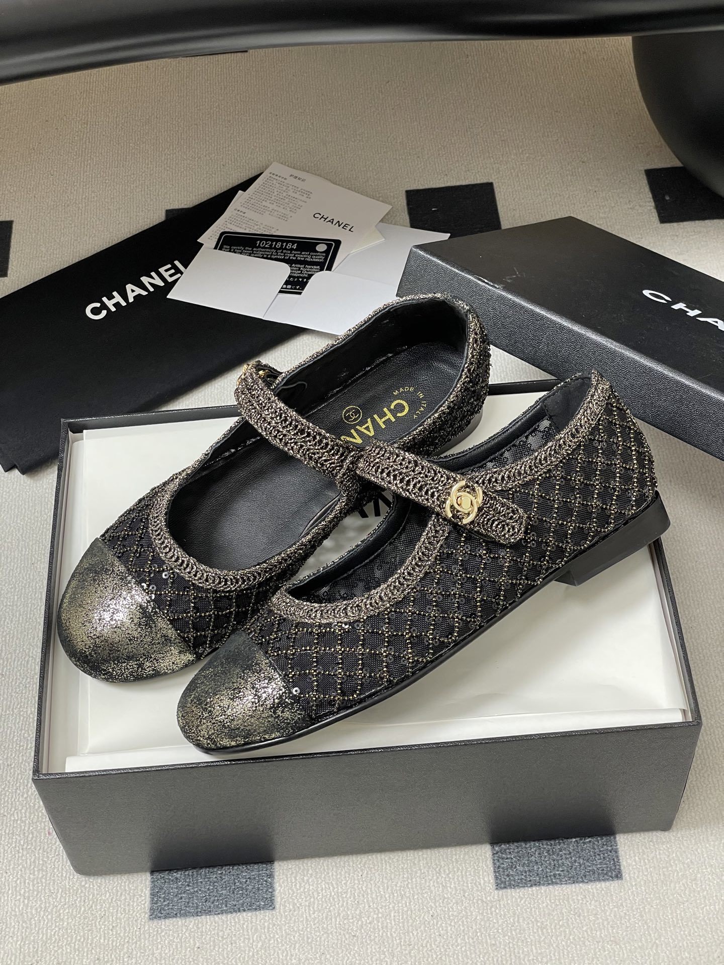 Chanel Black Sequin Mesh Mary Jane Flats - Luxury Designer Shoes