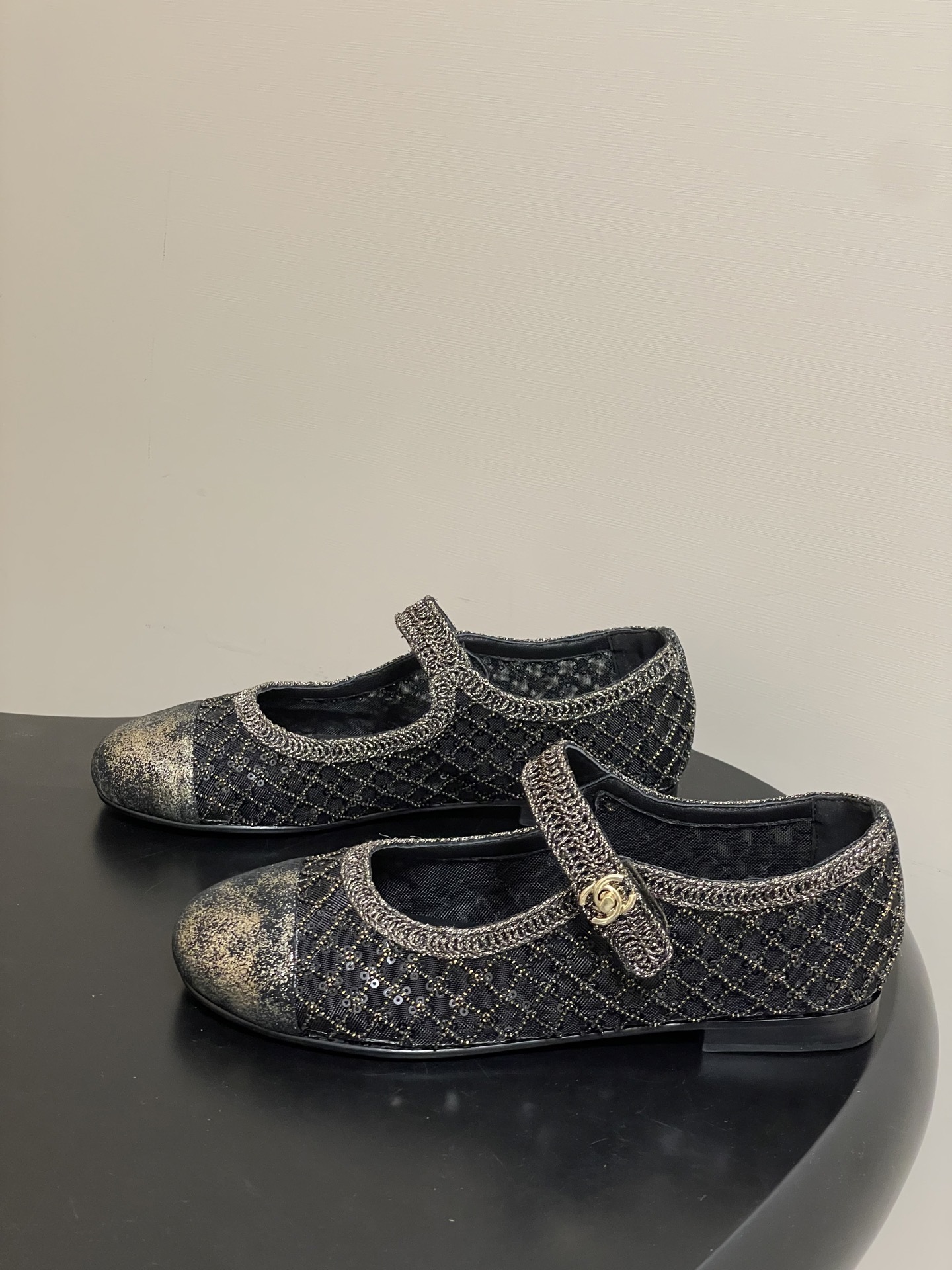 Chanel Black Sequin Mesh Mary Jane Flats - Luxury Designer Shoes