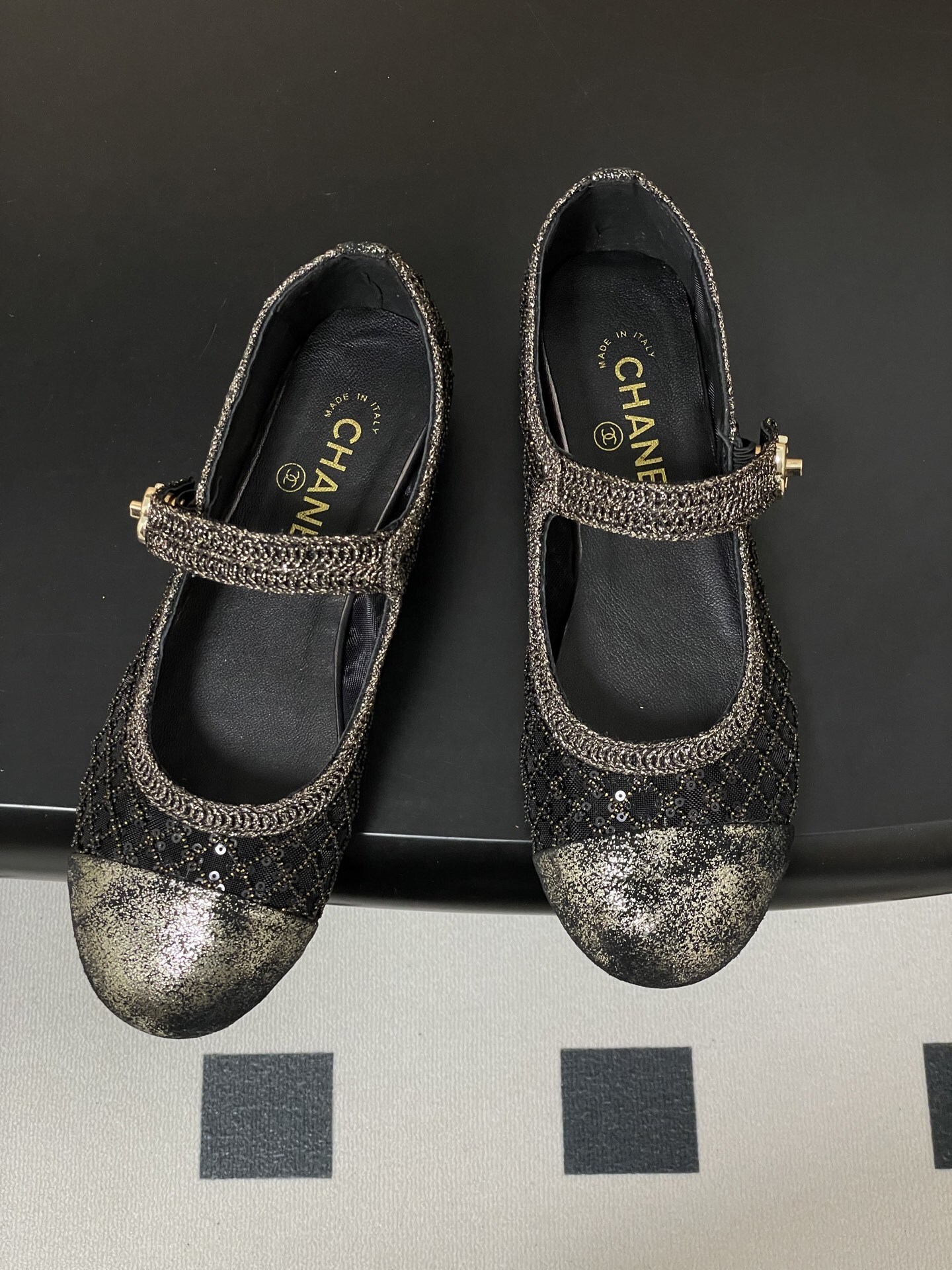 Chanel Black Sequin Mesh Mary Jane Flats - Luxury Designer Shoes