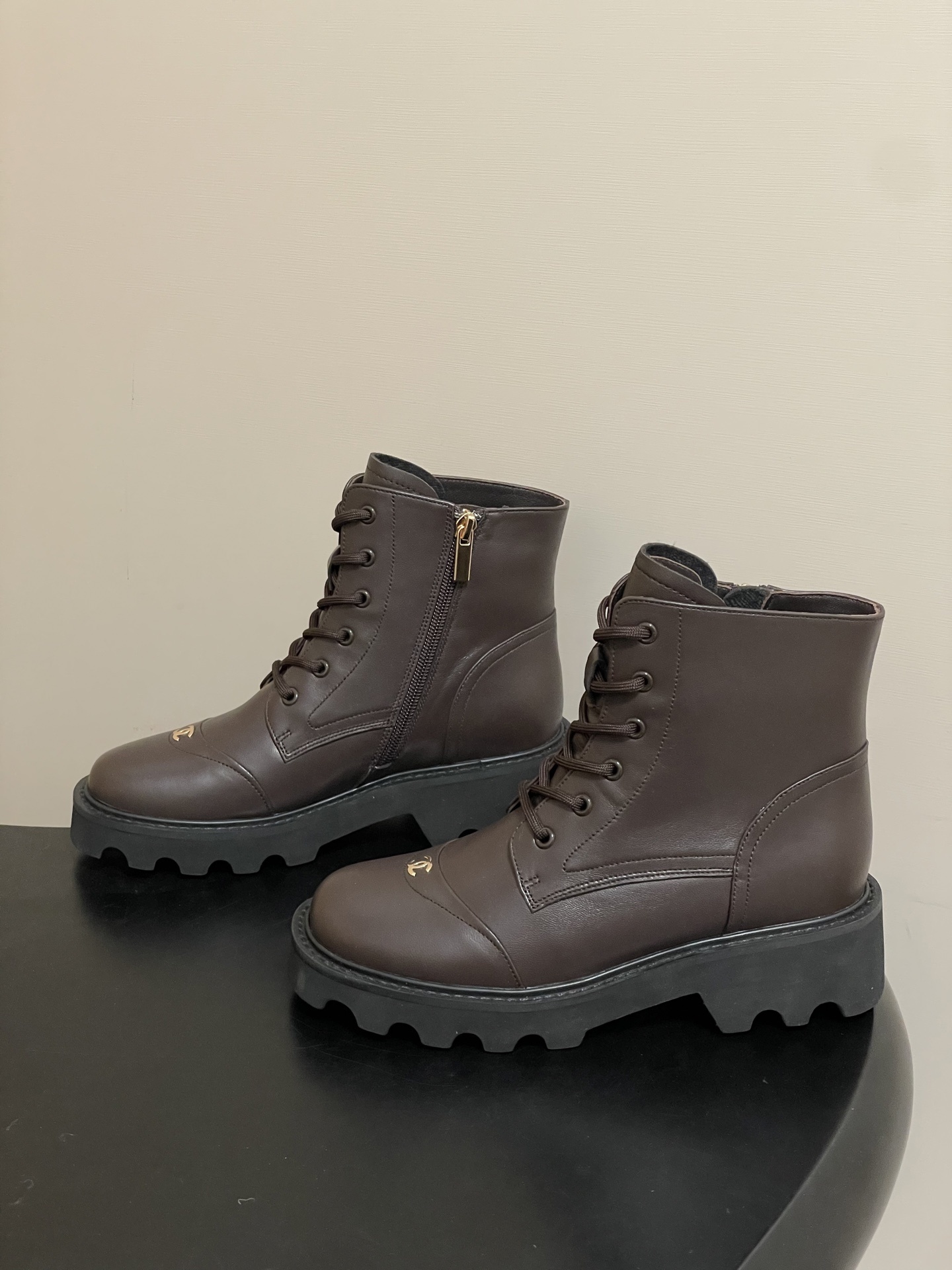 Women's Brown Leather Combat Boots - Chic Chunky Platform Ankle Boots