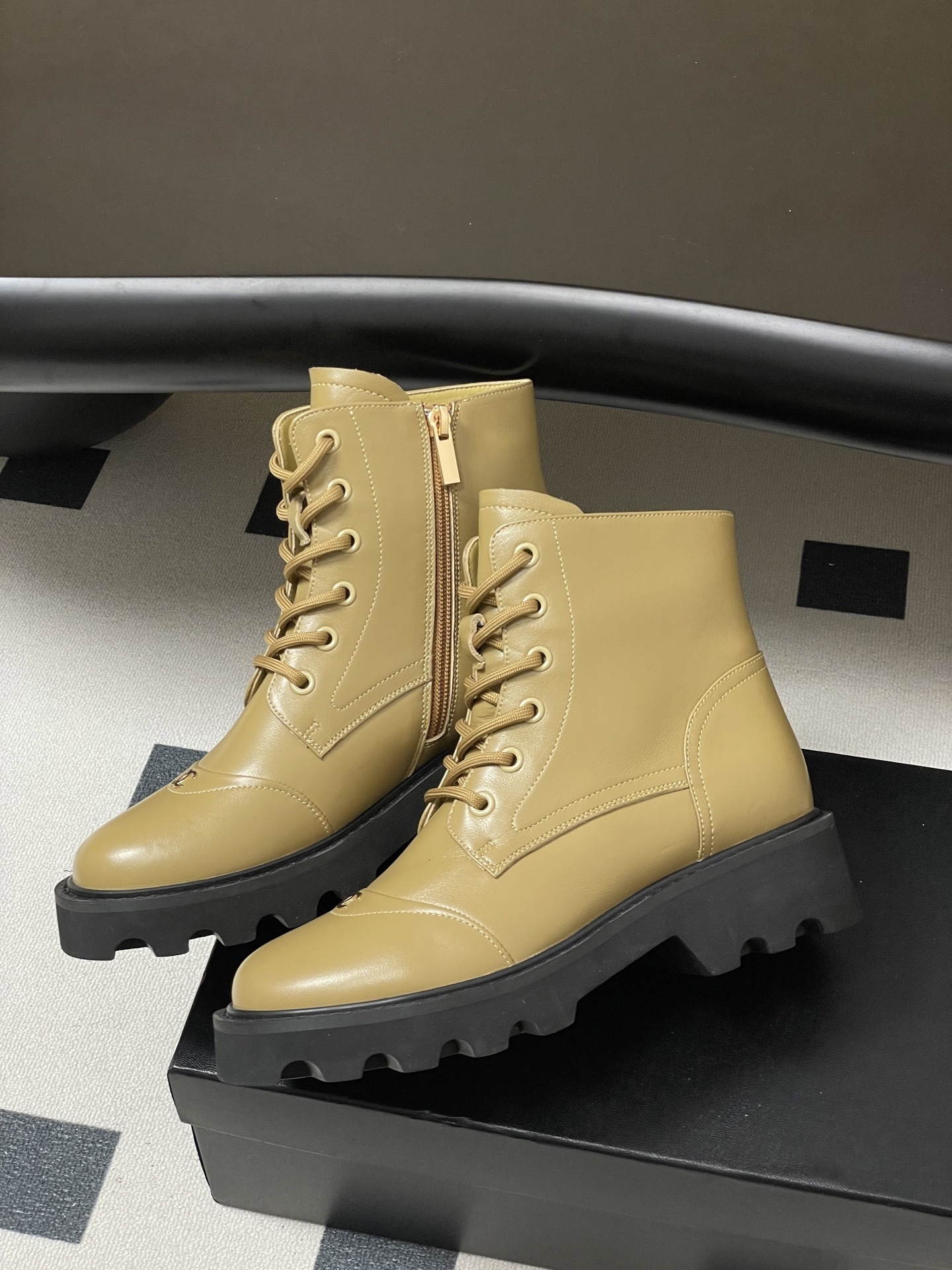 Women's Beige Chunky Platform Ankle Boots - Stylish Lace-up Design