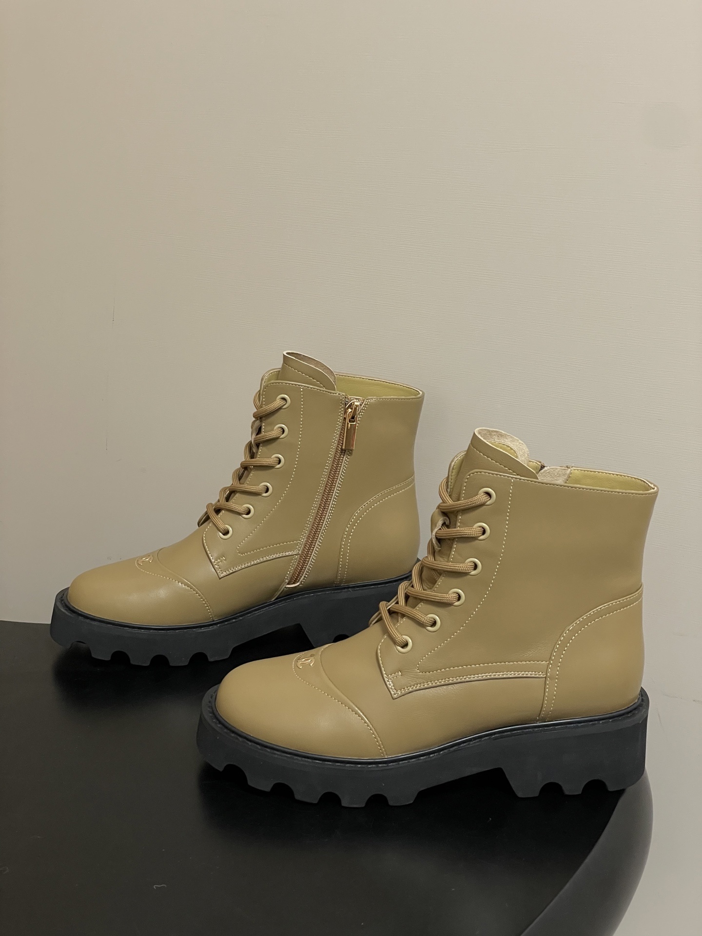 Women's Beige Chunky Platform Ankle Boots - Stylish Lace-up Design