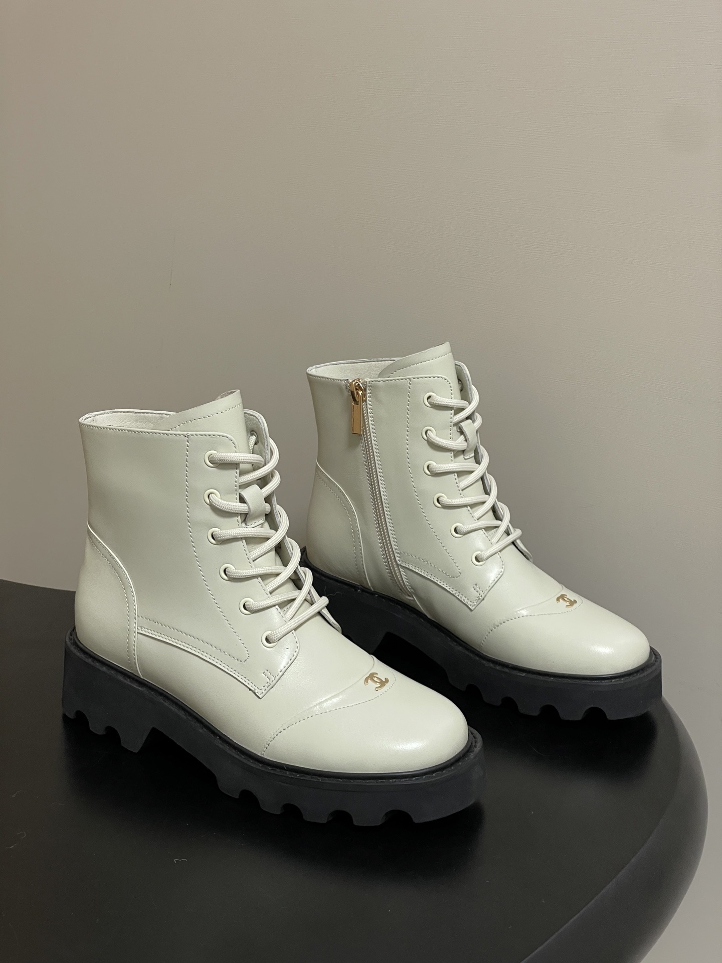 Luxury Cream Leather Combat Boots – Chunky Lug Sole Lace-Up