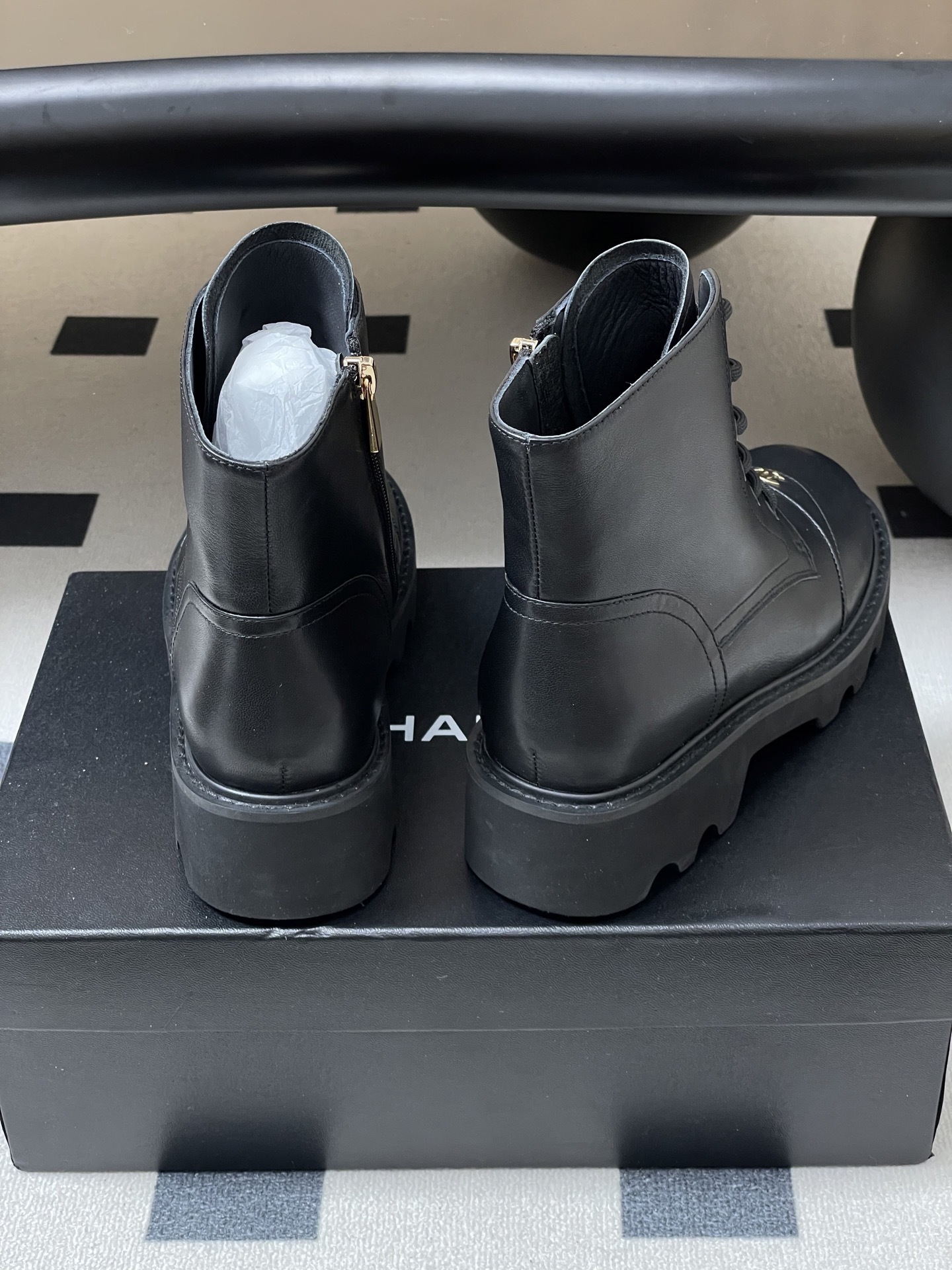 Women's Premium Black Leather Combat Boots with Gold Logo Accent