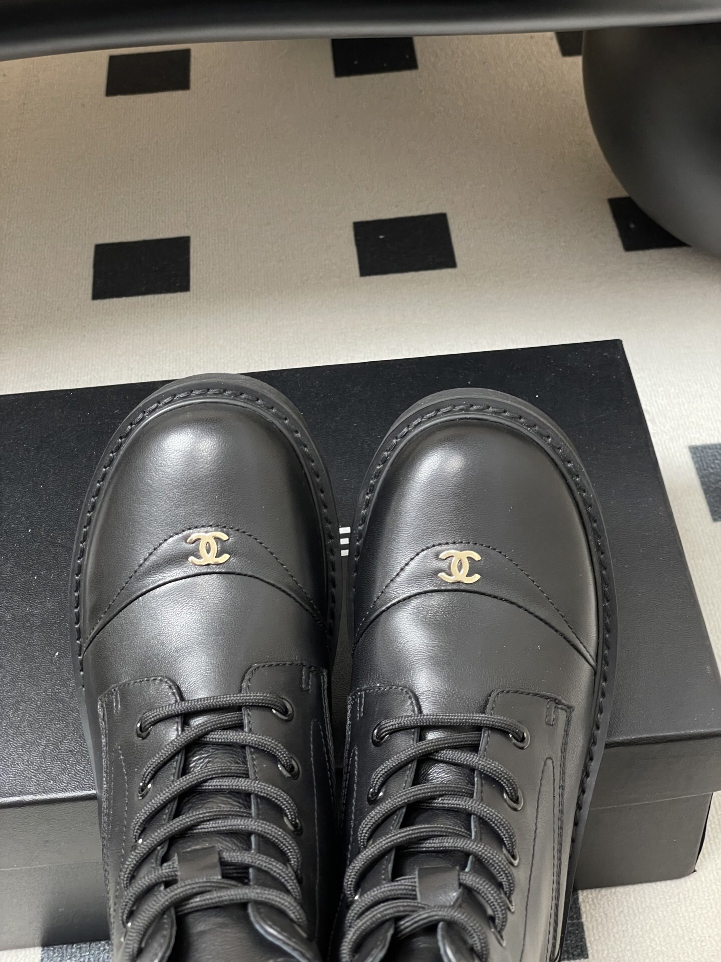 Women's Premium Black Leather Combat Boots with Gold Logo Accent