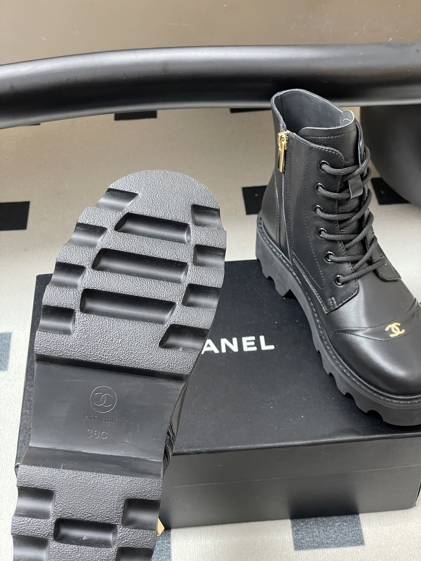 Women's Premium Black Leather Combat Boots with Gold Logo Accent