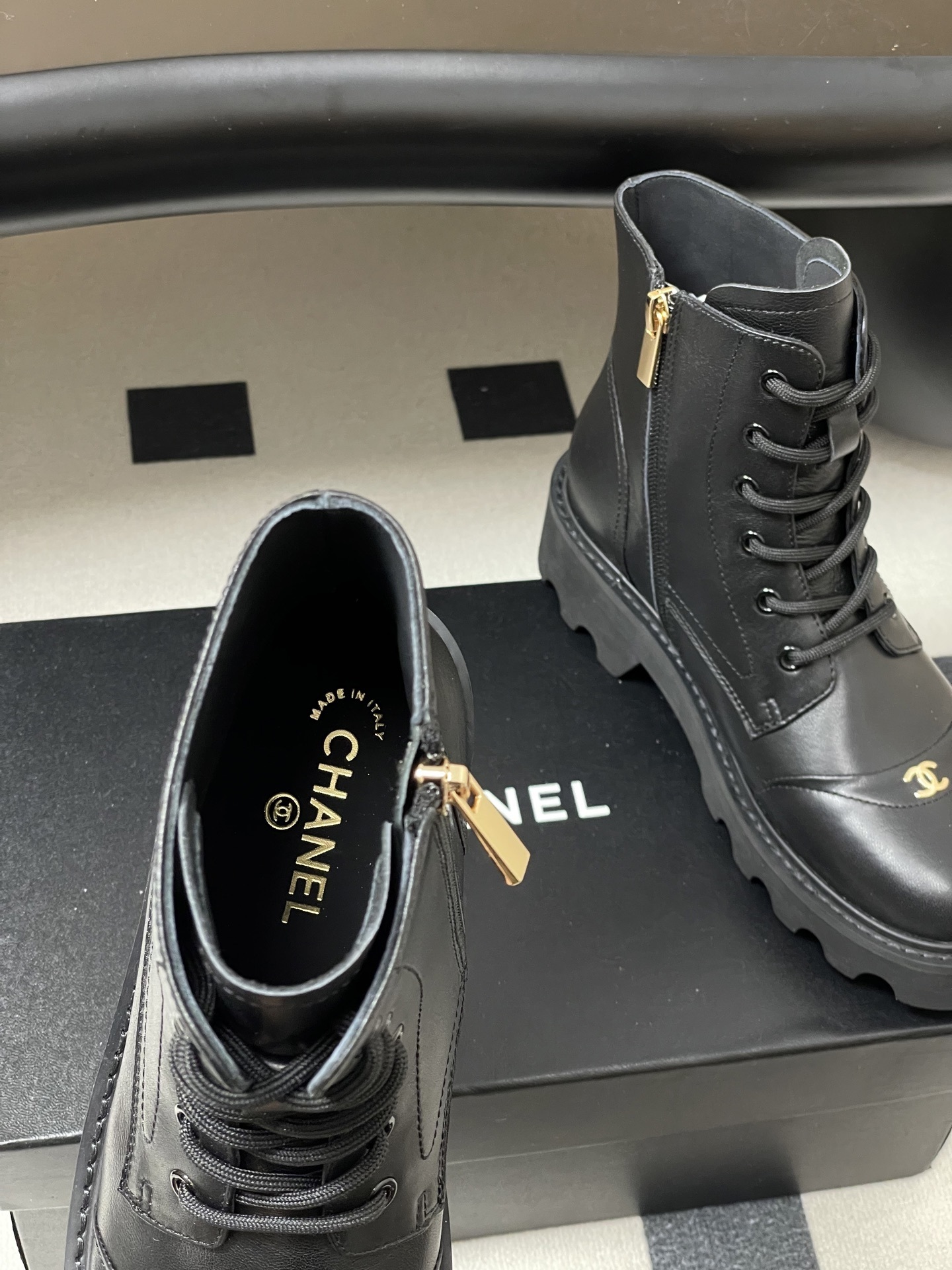 Women's Premium Black Leather Combat Boots with Gold Logo Accent