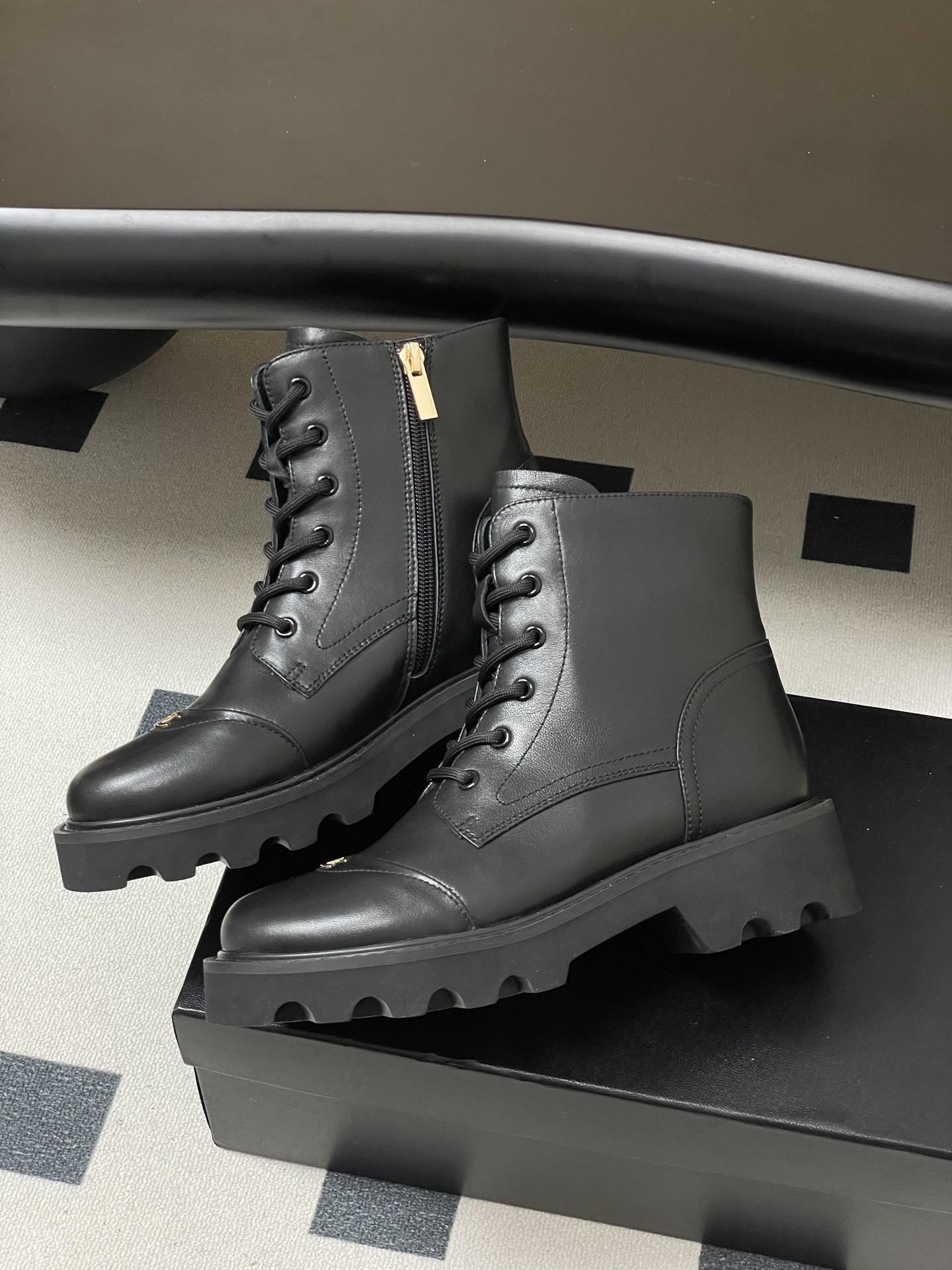 Women's Premium Black Leather Combat Boots with Gold Logo Accent