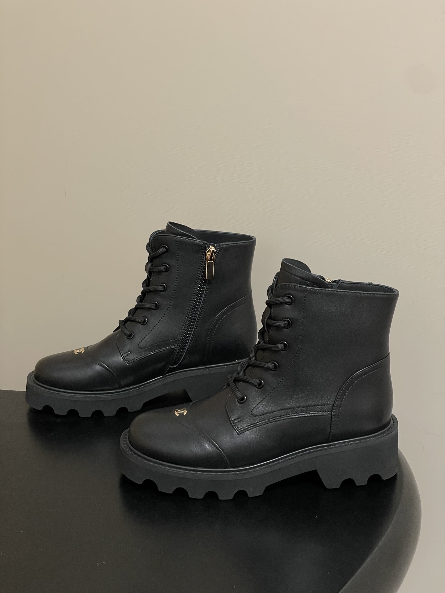 Women's Premium Black Leather Combat Boots with Gold Logo Accent