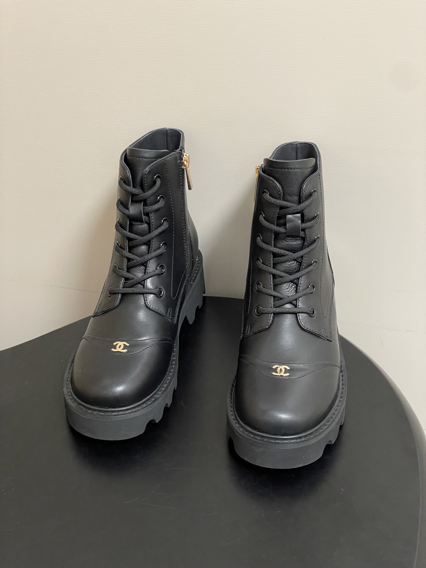 Women's Premium Black Leather Combat Boots with Gold Logo Accent