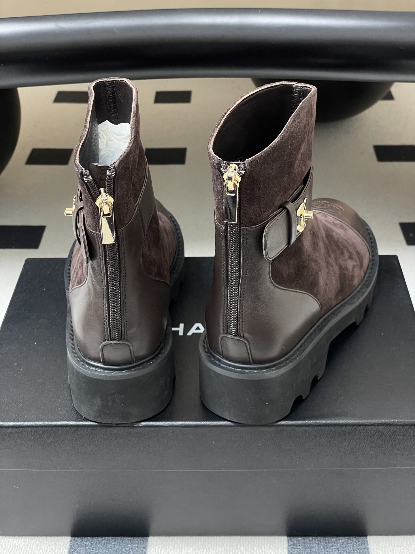 Chanel Dark Brown Suede & Leather Ankle Boots with Lug Sole