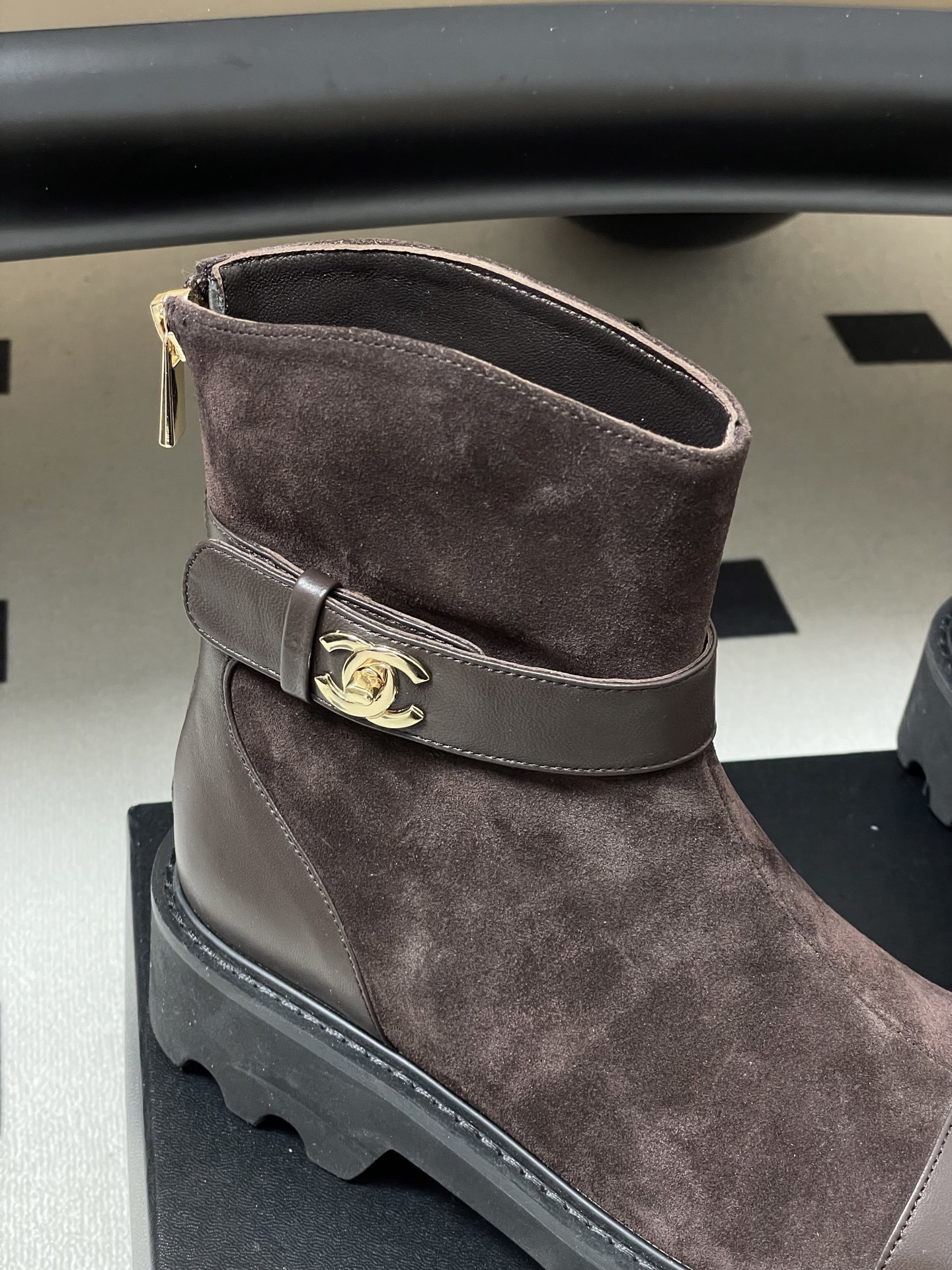 Chanel Dark Brown Suede & Leather Ankle Boots with Lug Sole