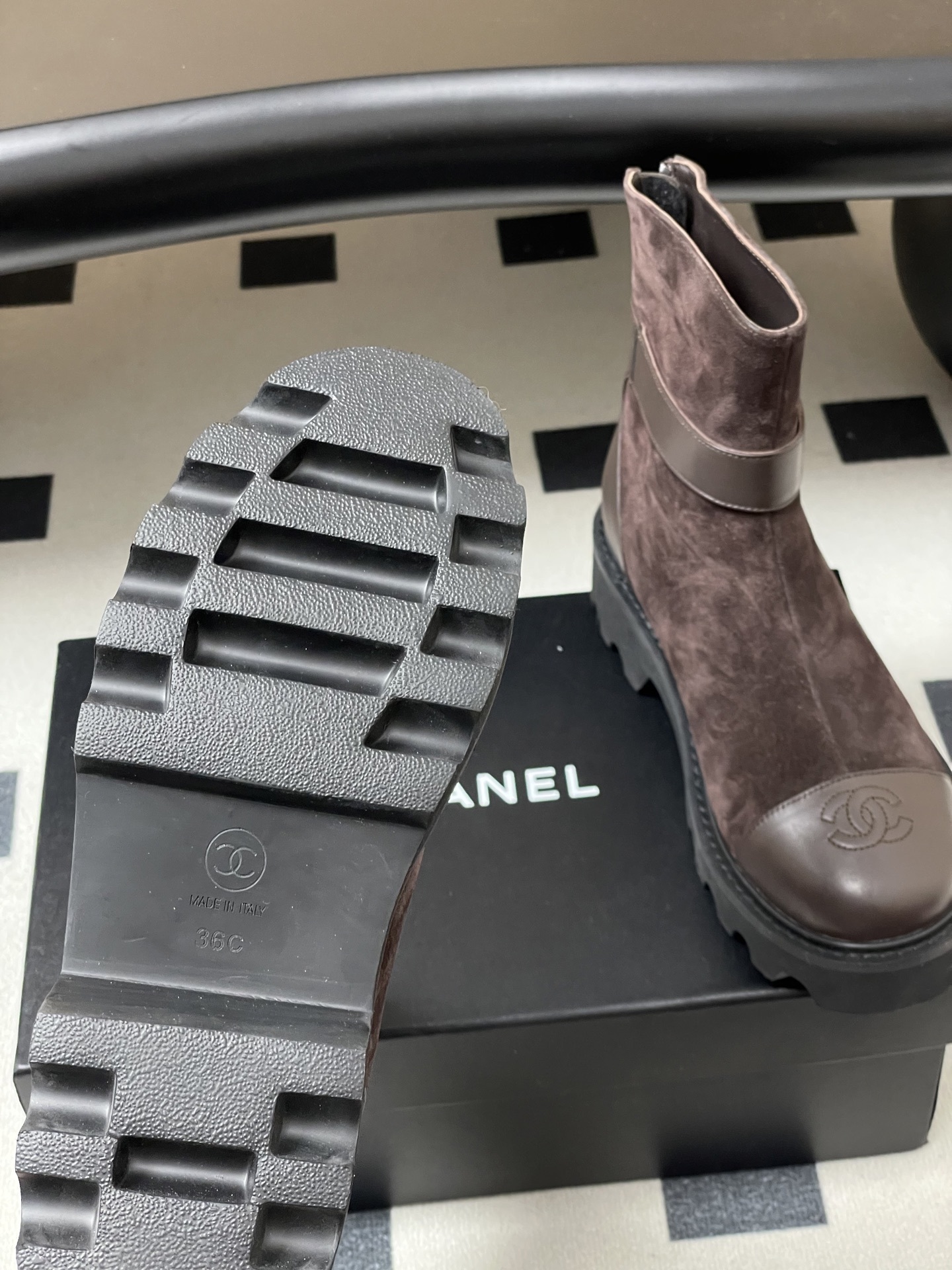 Chanel Dark Brown Suede & Leather Ankle Boots with Lug Sole