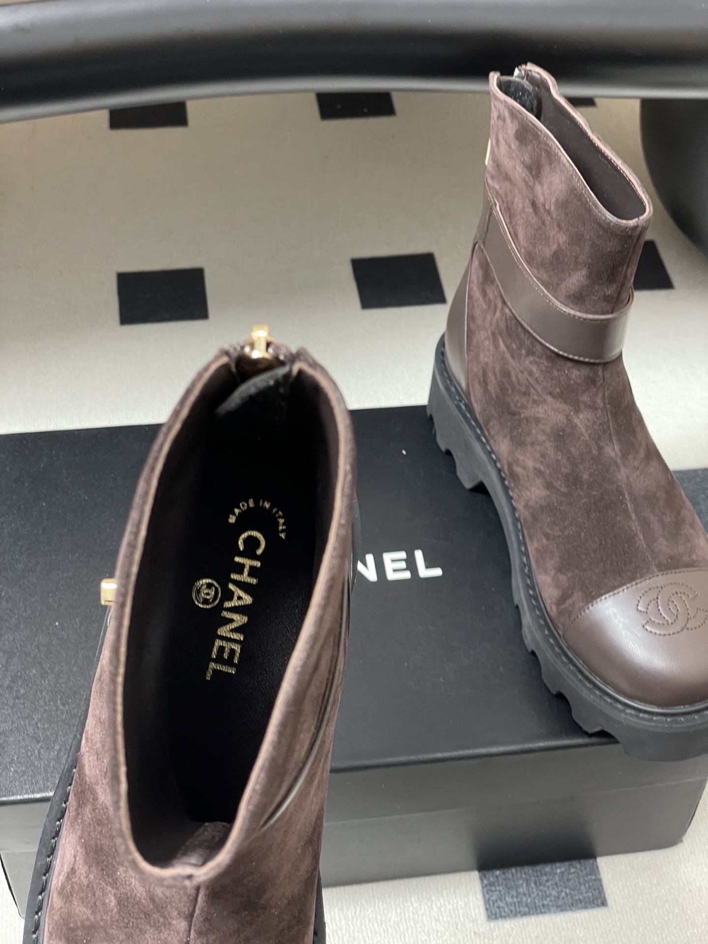 Chanel Dark Brown Suede & Leather Ankle Boots with Lug Sole