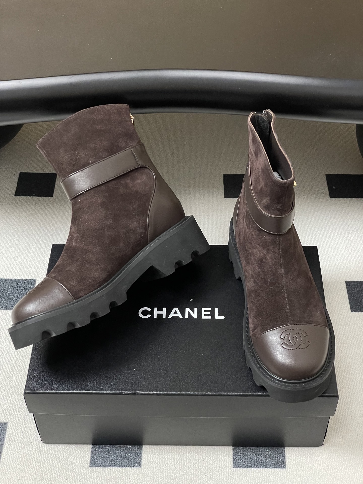 Chanel Dark Brown Suede & Leather Ankle Boots with Lug Sole