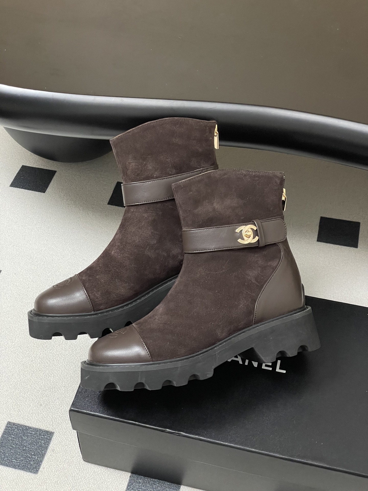 Chanel Dark Brown Suede & Leather Ankle Boots with Lug Sole