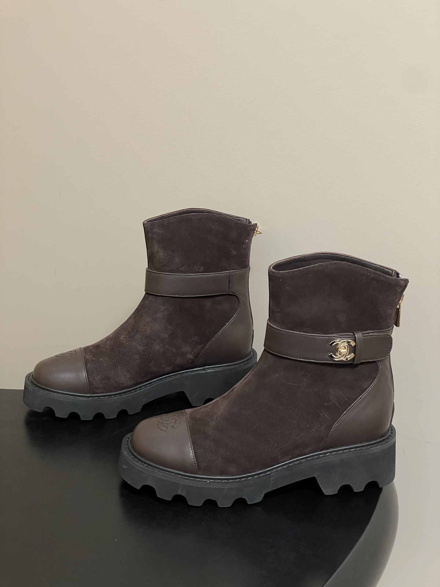 Chanel Dark Brown Suede & Leather Ankle Boots with Lug Sole