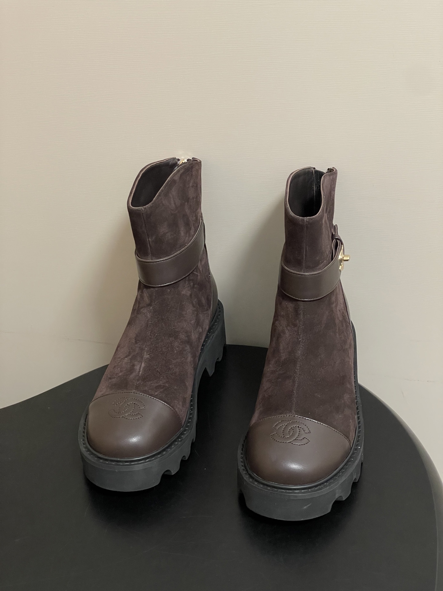 Chanel Dark Brown Suede & Leather Ankle Boots with Lug Sole