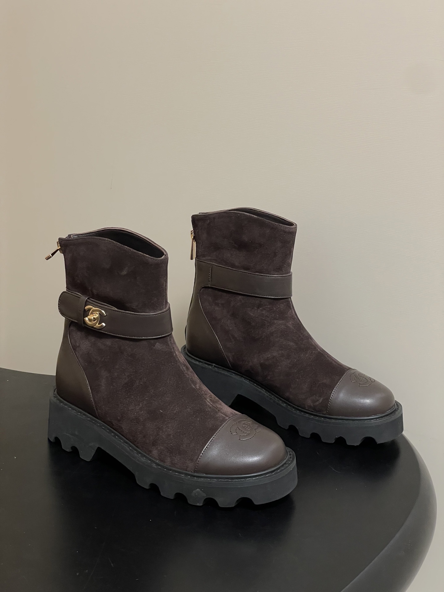 Chanel Dark Brown Suede & Leather Ankle Boots with Lug Sole