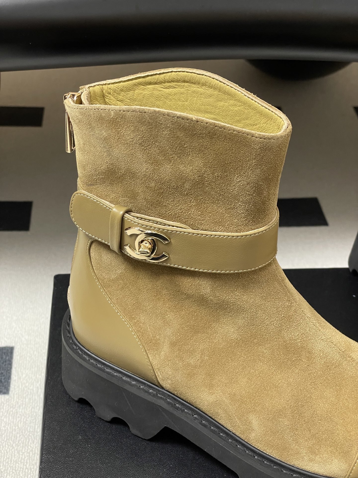 Chanel Suede Ankle Boots with Lug Sole and CC Buckle