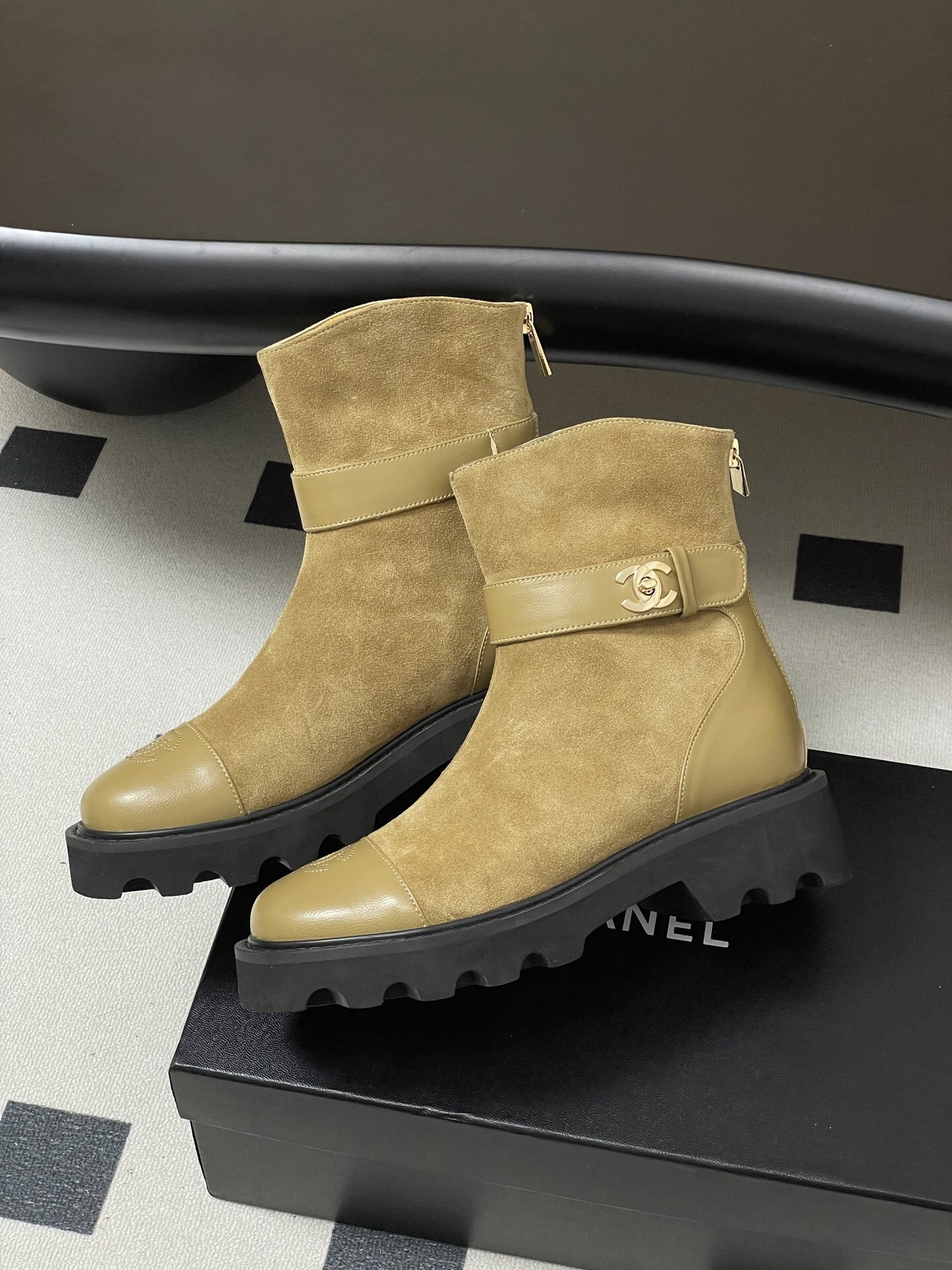 Chanel Suede Ankle Boots with Lug Sole and CC Buckle