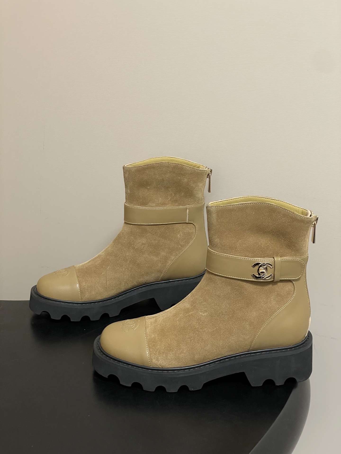 Chanel Suede Ankle Boots with Lug Sole and CC Buckle
