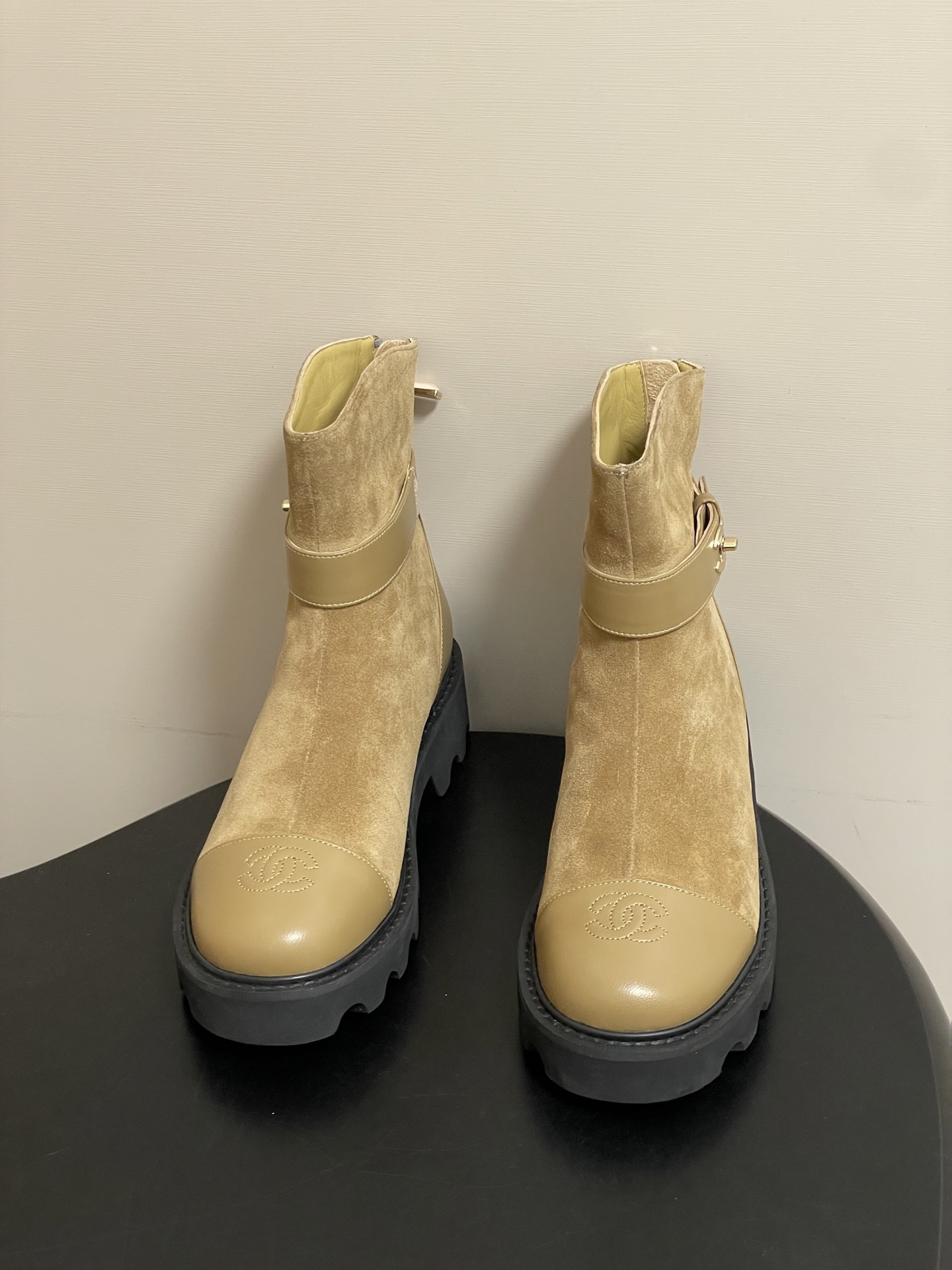 Chanel Suede Ankle Boots with Lug Sole and CC Buckle