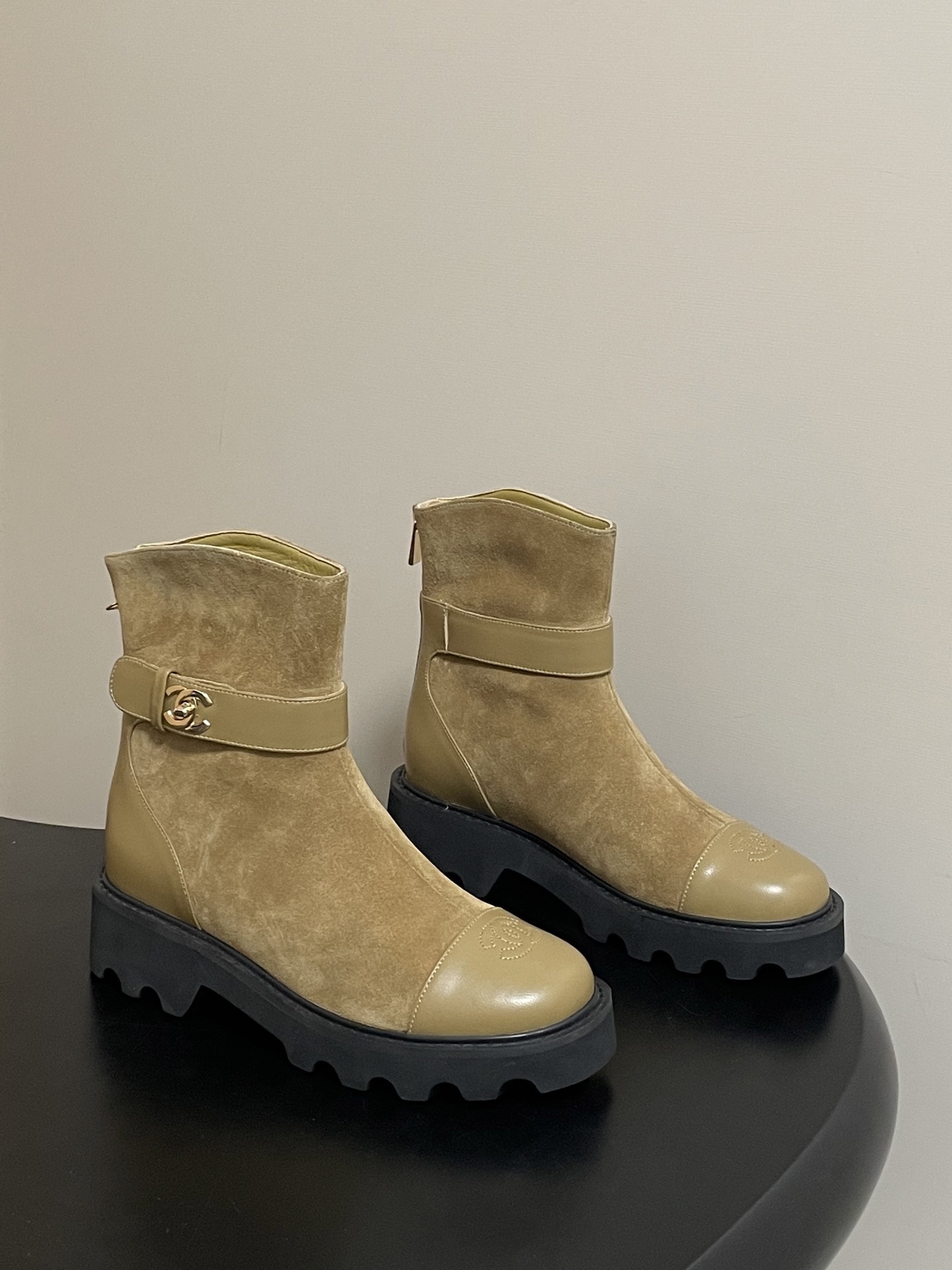 Chanel Suede Ankle Boots with Lug Sole and CC Buckle