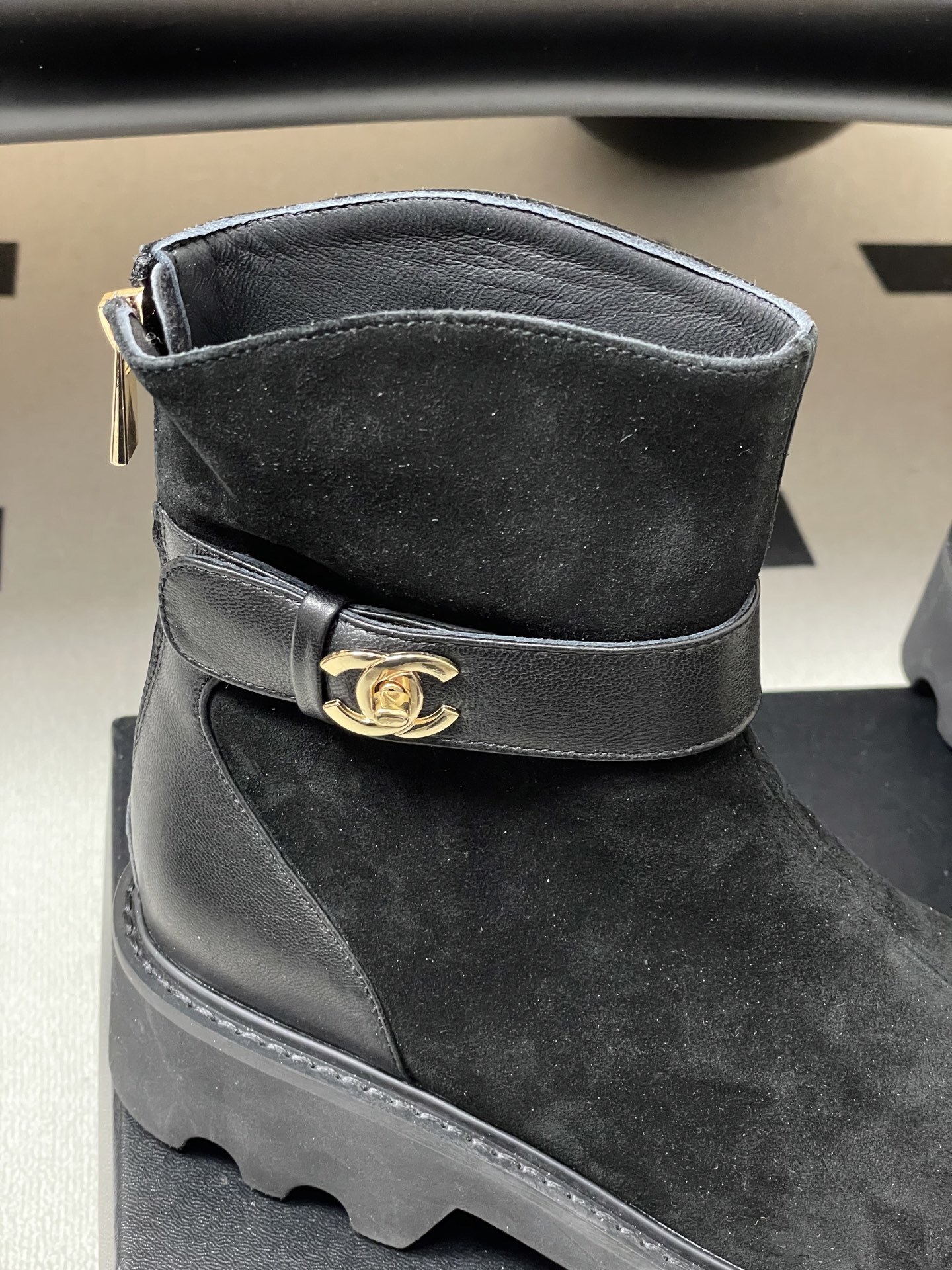 Luxury Black Suede Ankle Boots with Gold CC Logo and Lug Sole