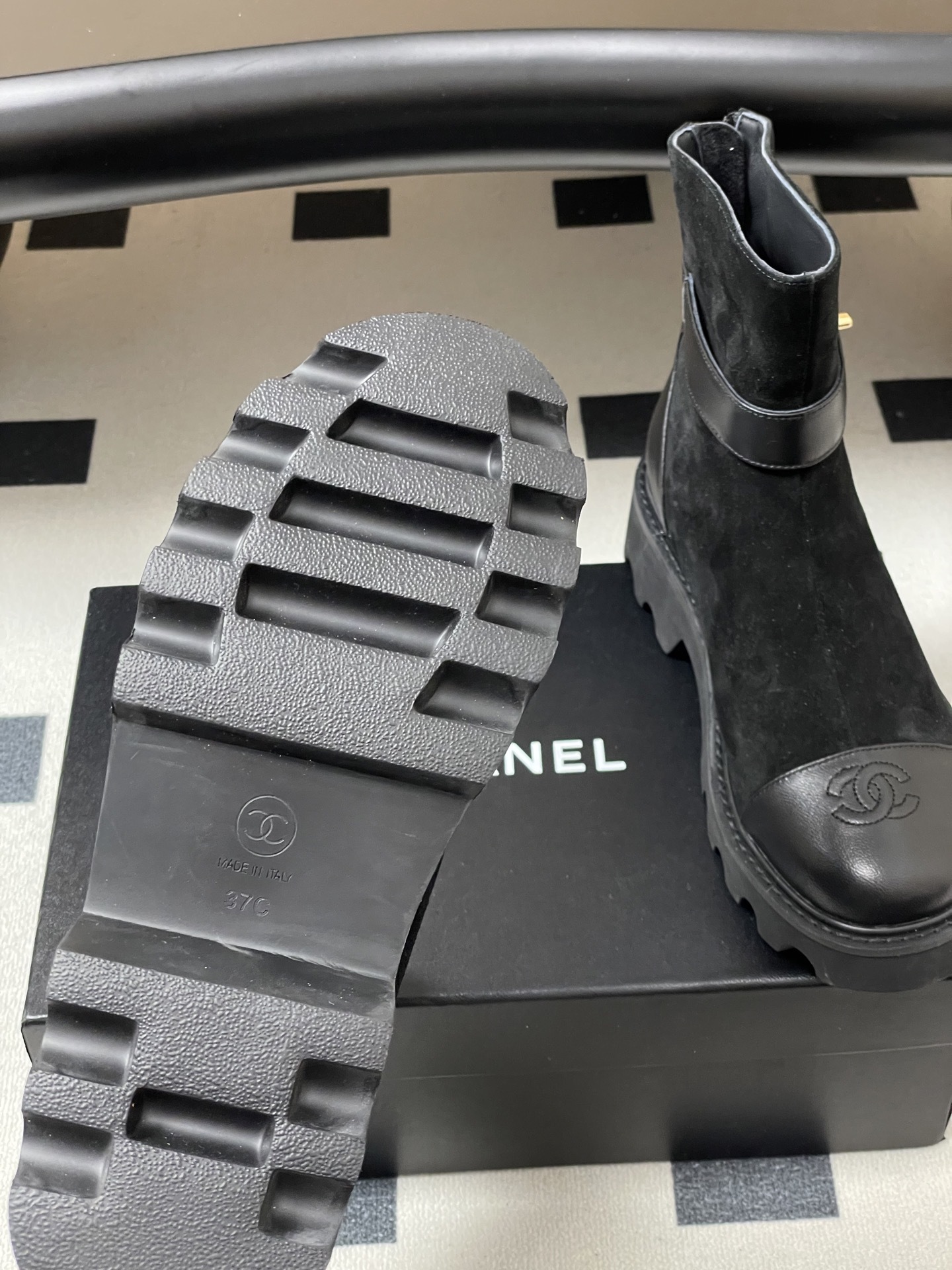 Luxury Black Suede Ankle Boots with Gold CC Logo and Lug Sole