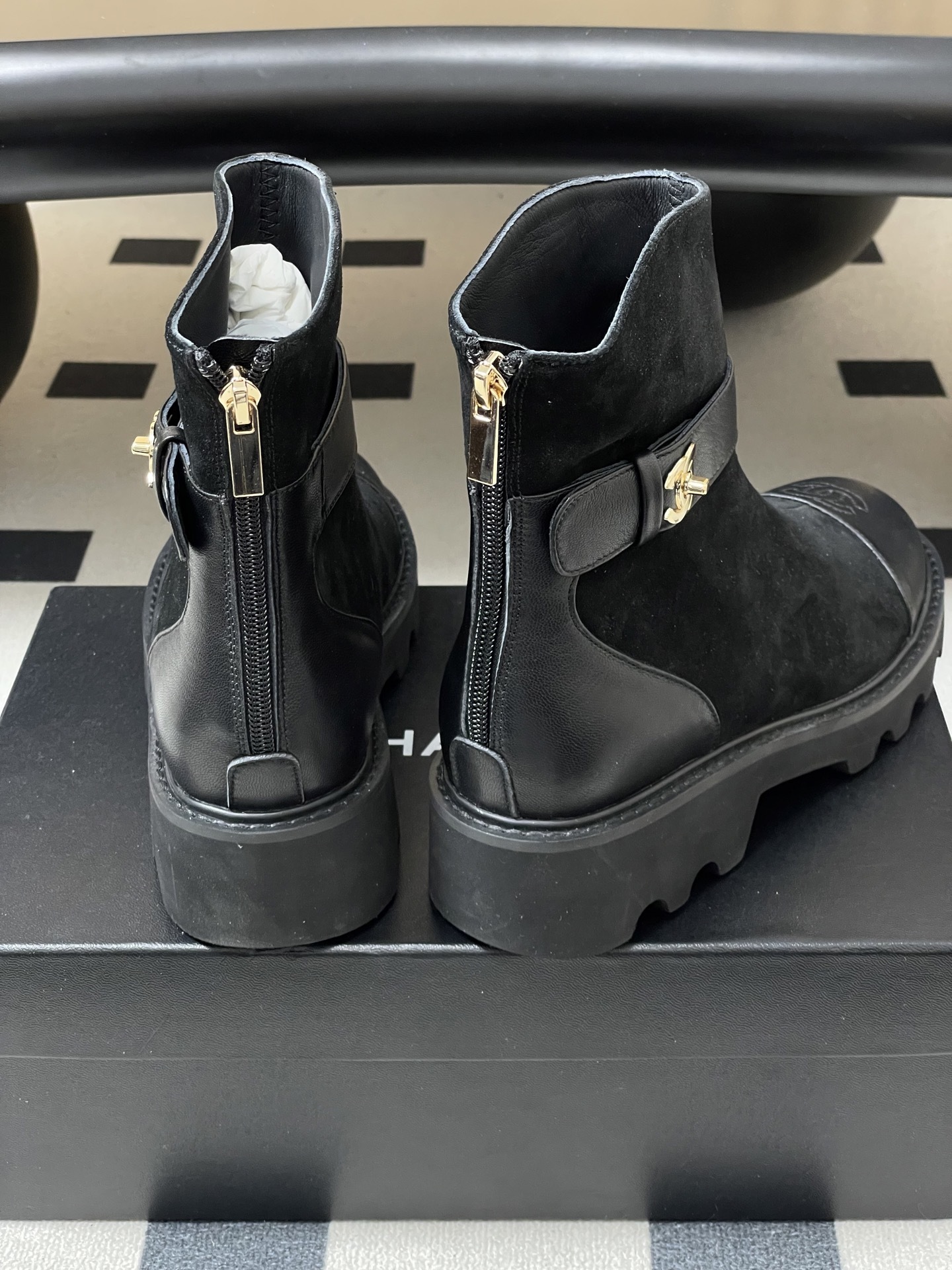Luxury Black Suede Ankle Boots with Gold CC Logo and Lug Sole