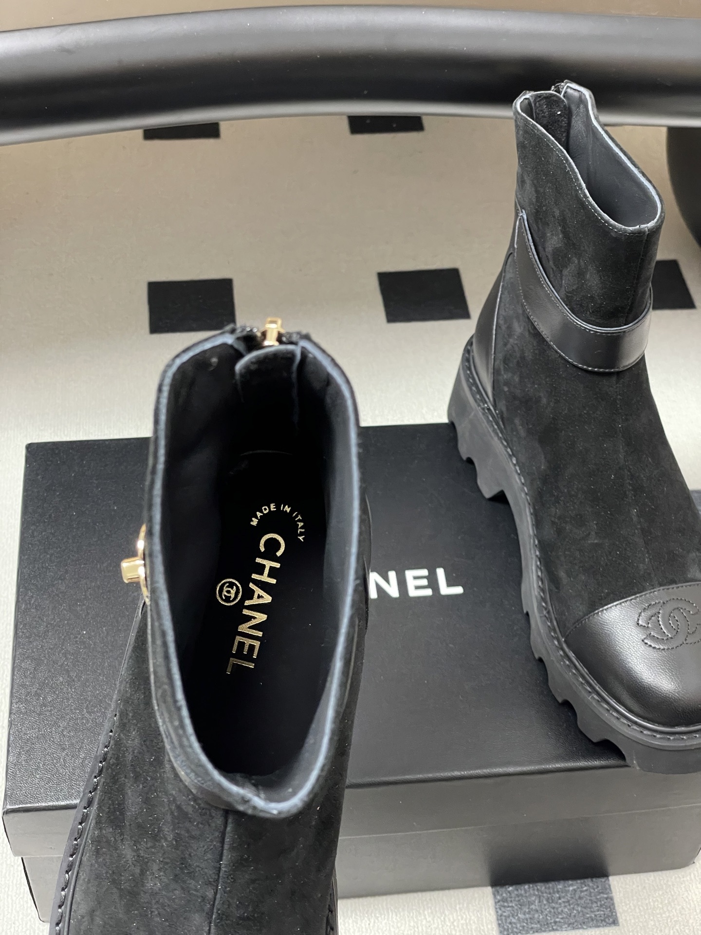 Luxury Black Suede Ankle Boots with Gold CC Logo and Lug Sole