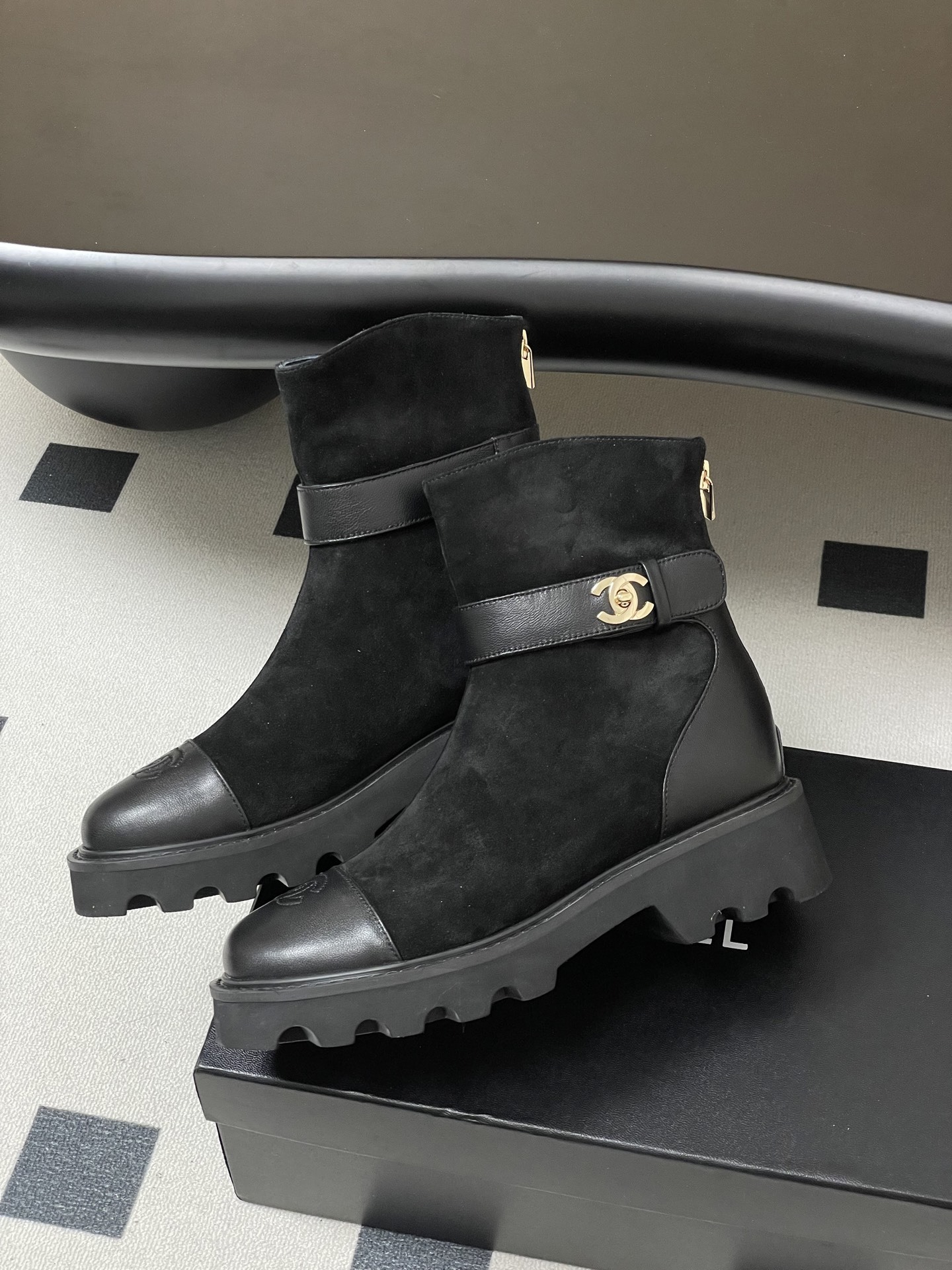Luxury Black Suede Ankle Boots with Gold CC Logo and Lug Sole