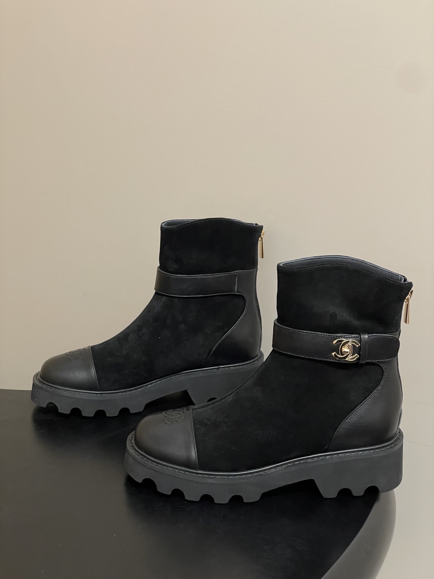 Luxury Black Suede Ankle Boots with Gold CC Logo and Lug Sole